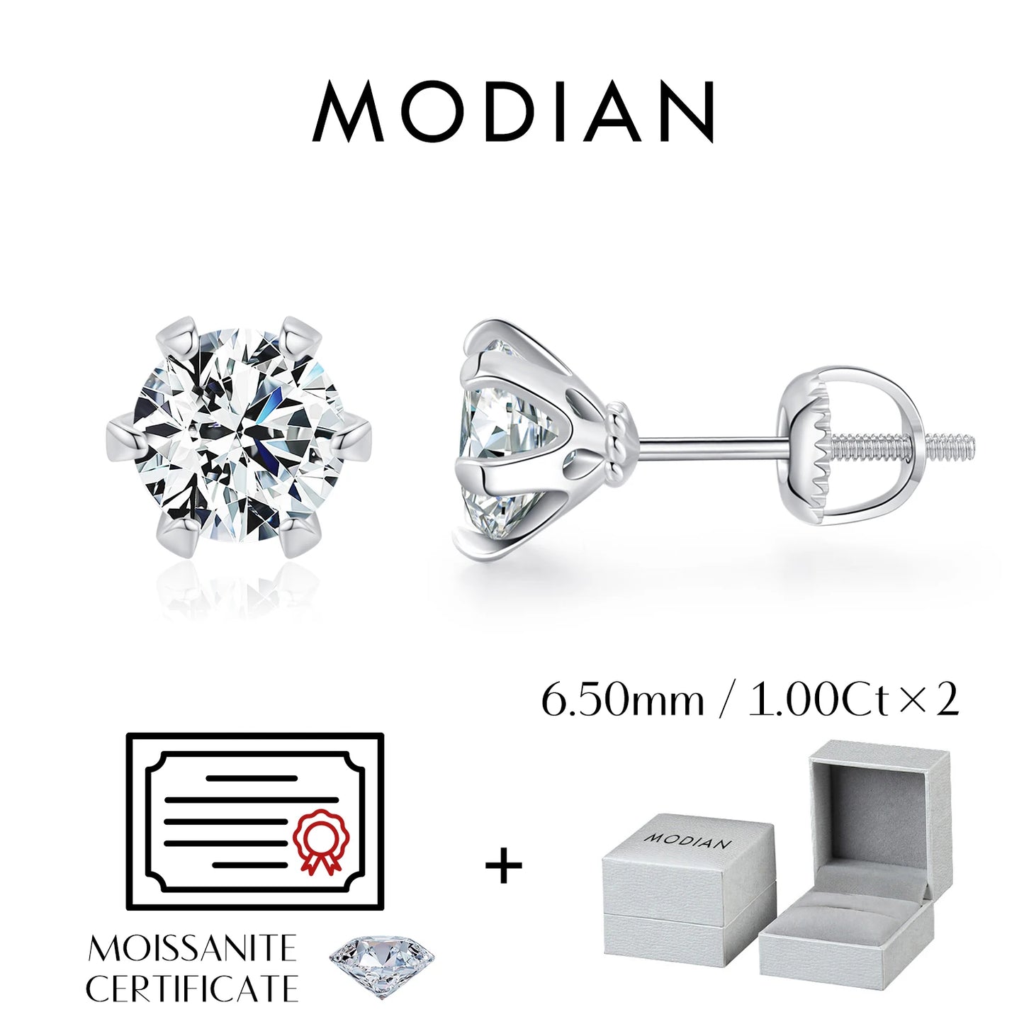 MODIAN 1 Carat D Color Moissanite Stud Earrings 925 Sterling Silver Sparkling Wedding Platinum Plated Fine Jewelry For Women