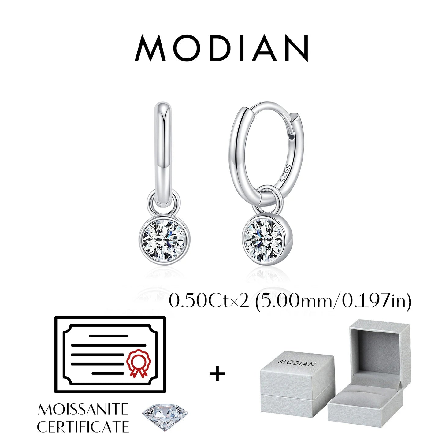 MODIAN 1CT/2CT D Color Moissanite Ear Buckle 925 Sterling Silver Round High Swing Hoop Earrings For Women Daily Fine Jewelry