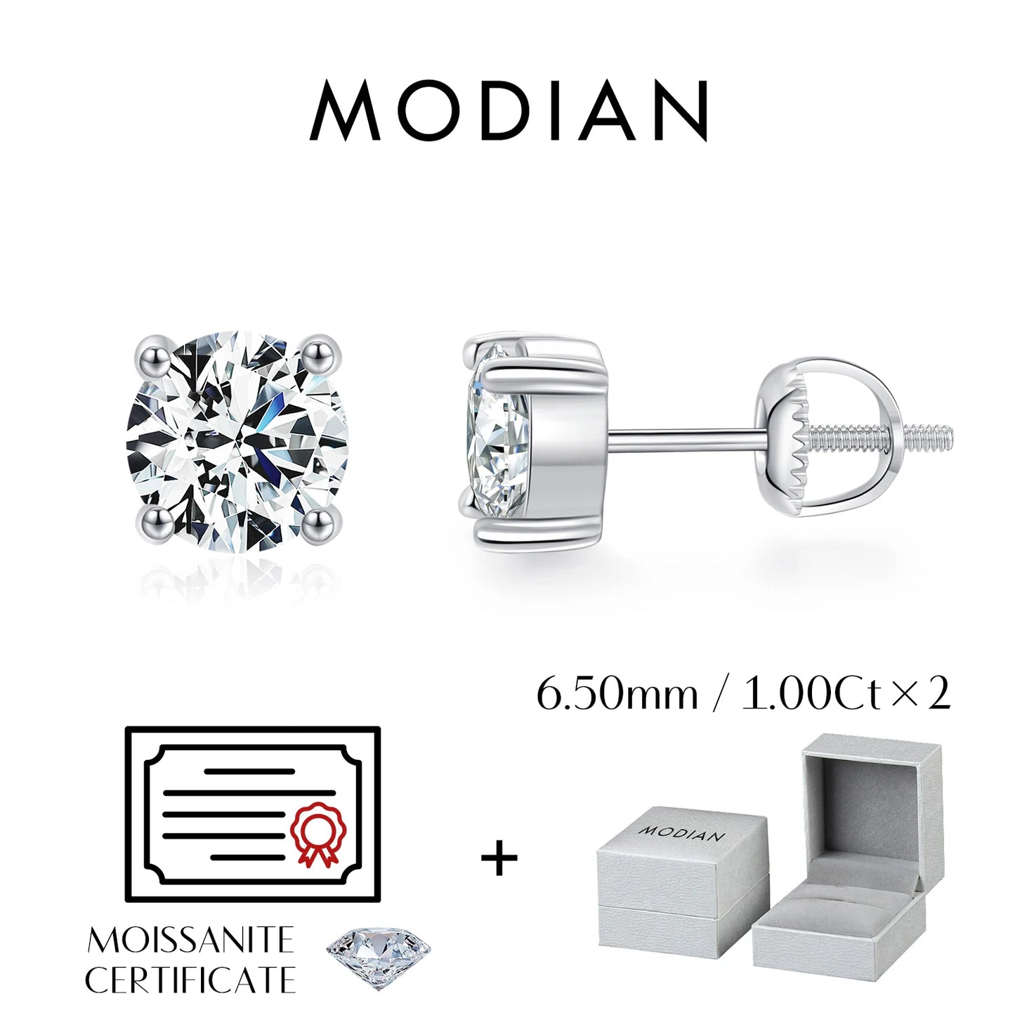 MODIAN 1.00Ct 2.00Ct Moissanite D Color Lab Diamond Stud Earrings For Women 925 Sterling Silver Basic Design Wedding Jewelry