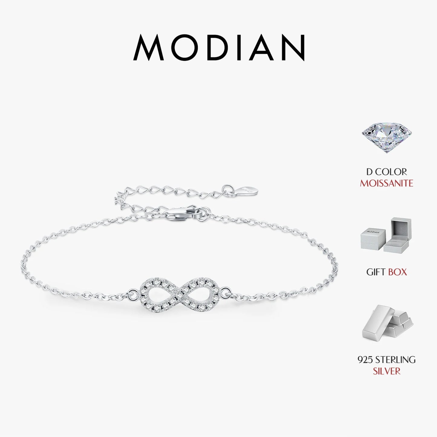MODIAN D Color Moissanite Lab Created Diamond Bracelet 925 Sterling Silver Romantic Exquisite Infinity Love For Women Jewelry