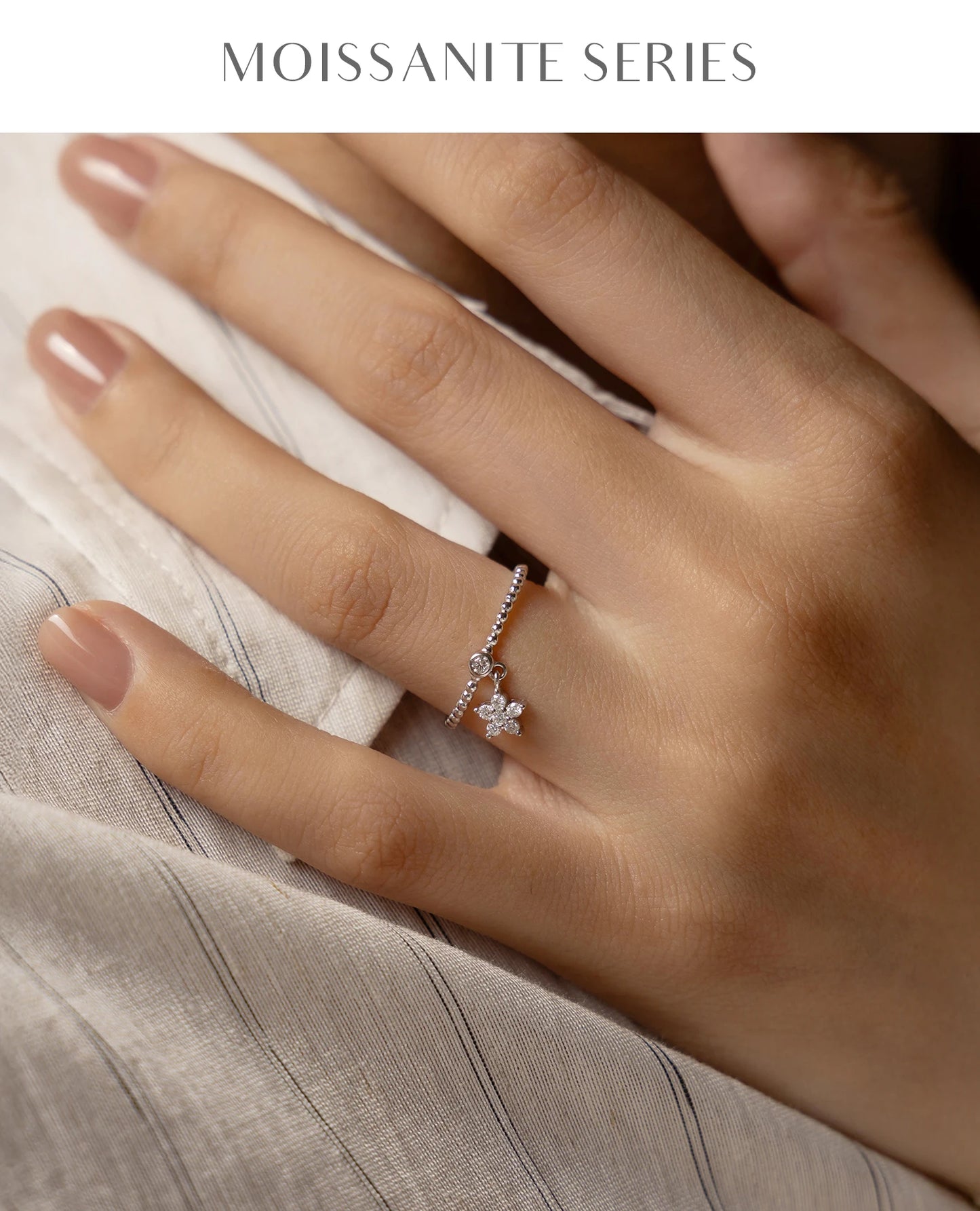 MODIAN D Color Flowers Moissanite Rings 925 Sterling Silver Beads Shiny Stars Swing Pendant Ring For Women Daisy Fine Jewelry