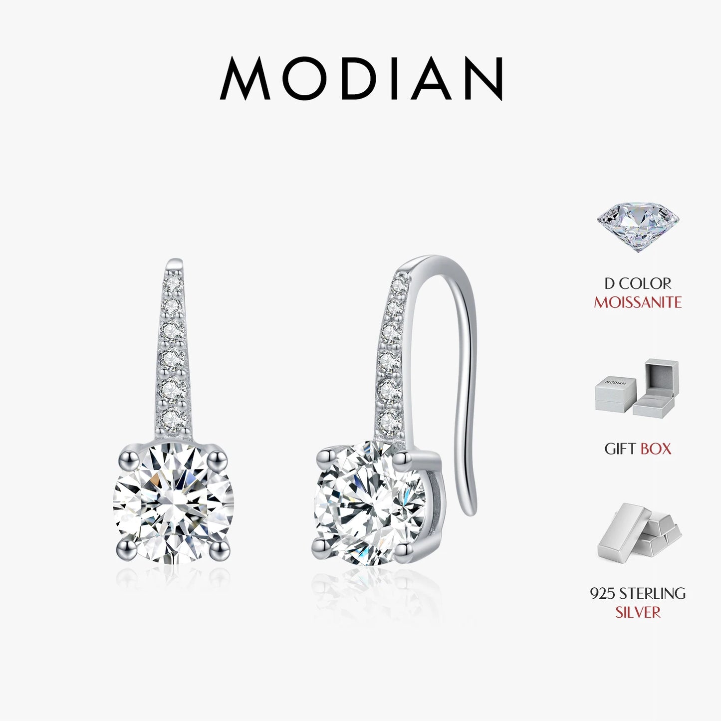 MODIAN D Color Luxury Moissanite Hook Earrings 925 Sterling Silver Classic Drop Earrings For Women Wedding Statement Jewelry