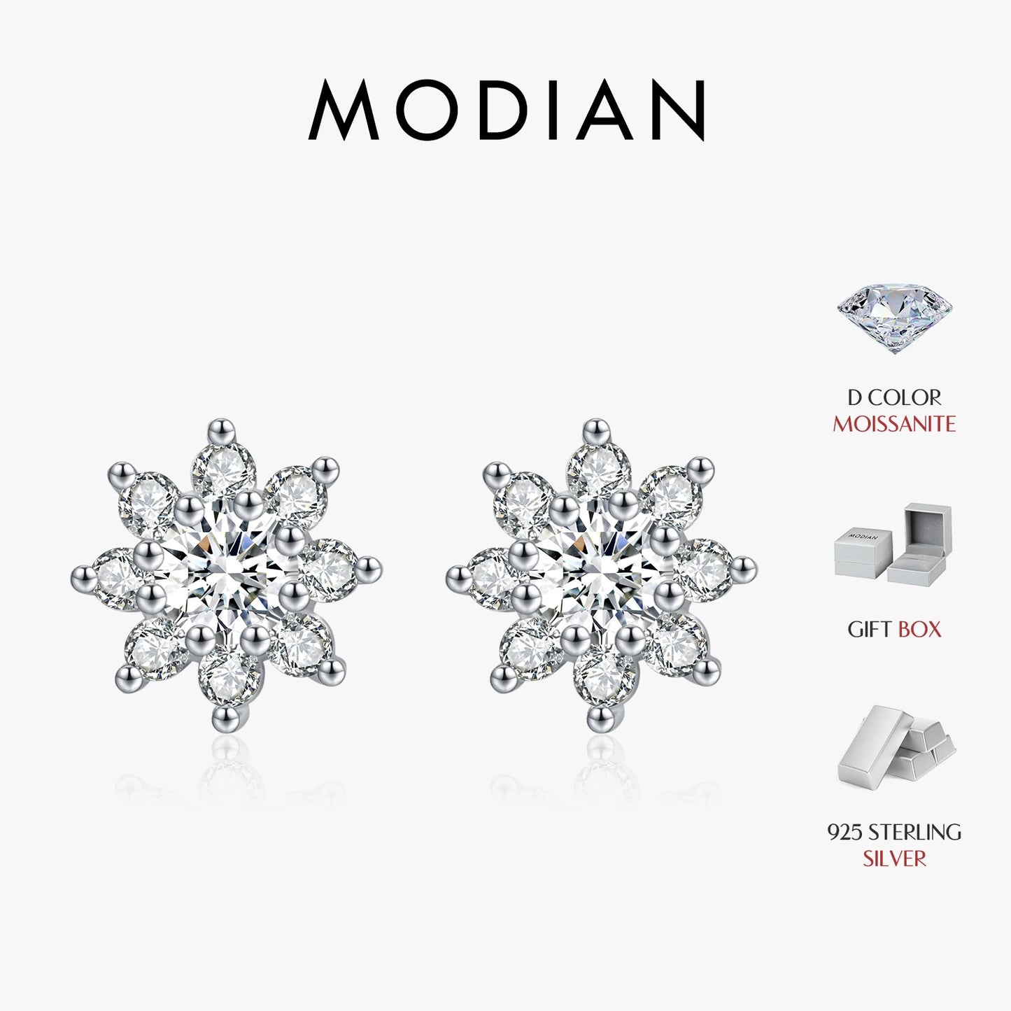 MODIAN Sparkling VVS1 D Color Moissanite Stud Earrings 925 Sterling Silver Classic Flowers Earrings For Women Fine Jewelry Gift