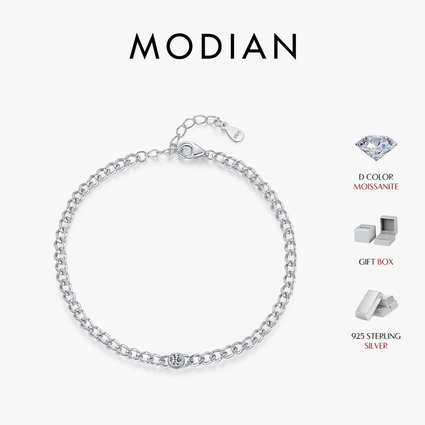 MODIAN D Color VVS1 Cearl Round Moissanite Bracelets 925 Sterling Silver Fashion Gourmette Link Chain Bracelet For Women Jewelry