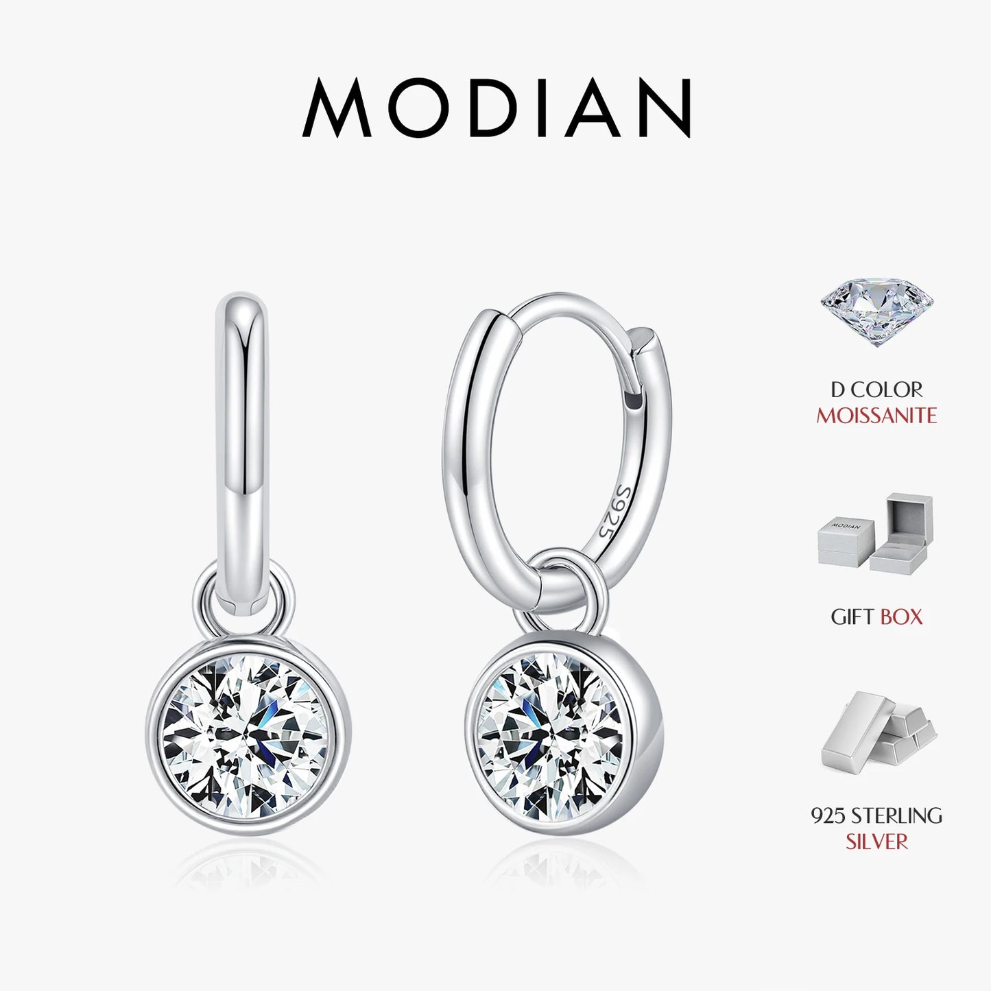 MODIAN 1CT/2CT D Color Moissanite Ear Buckle 925 Sterling Silver Round High Swing Hoop Earrings For Women Daily Fine Jewelry