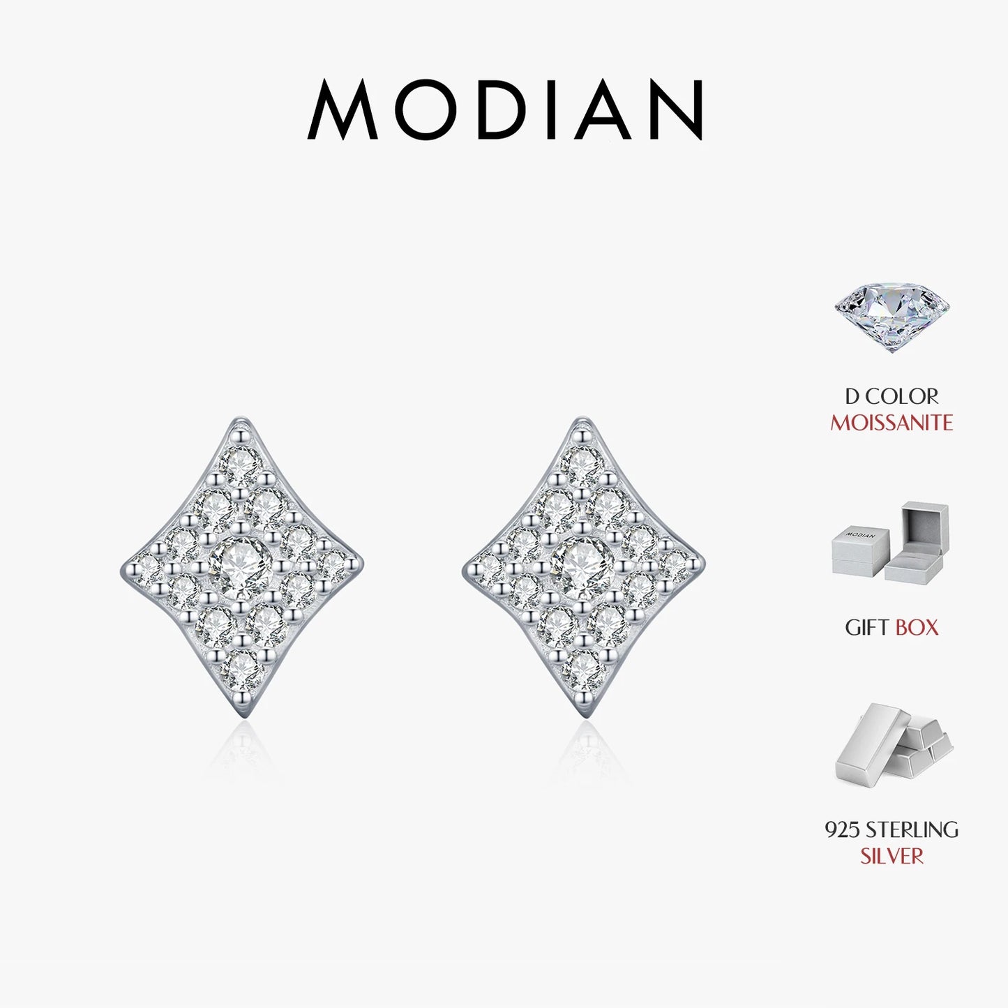 MODIAN Sparkling Rhombus Moissanite Ear Studs 925 Sterling Silver Trendy Stackable Stud Earrings For Women Daily OL Fine Jewelry