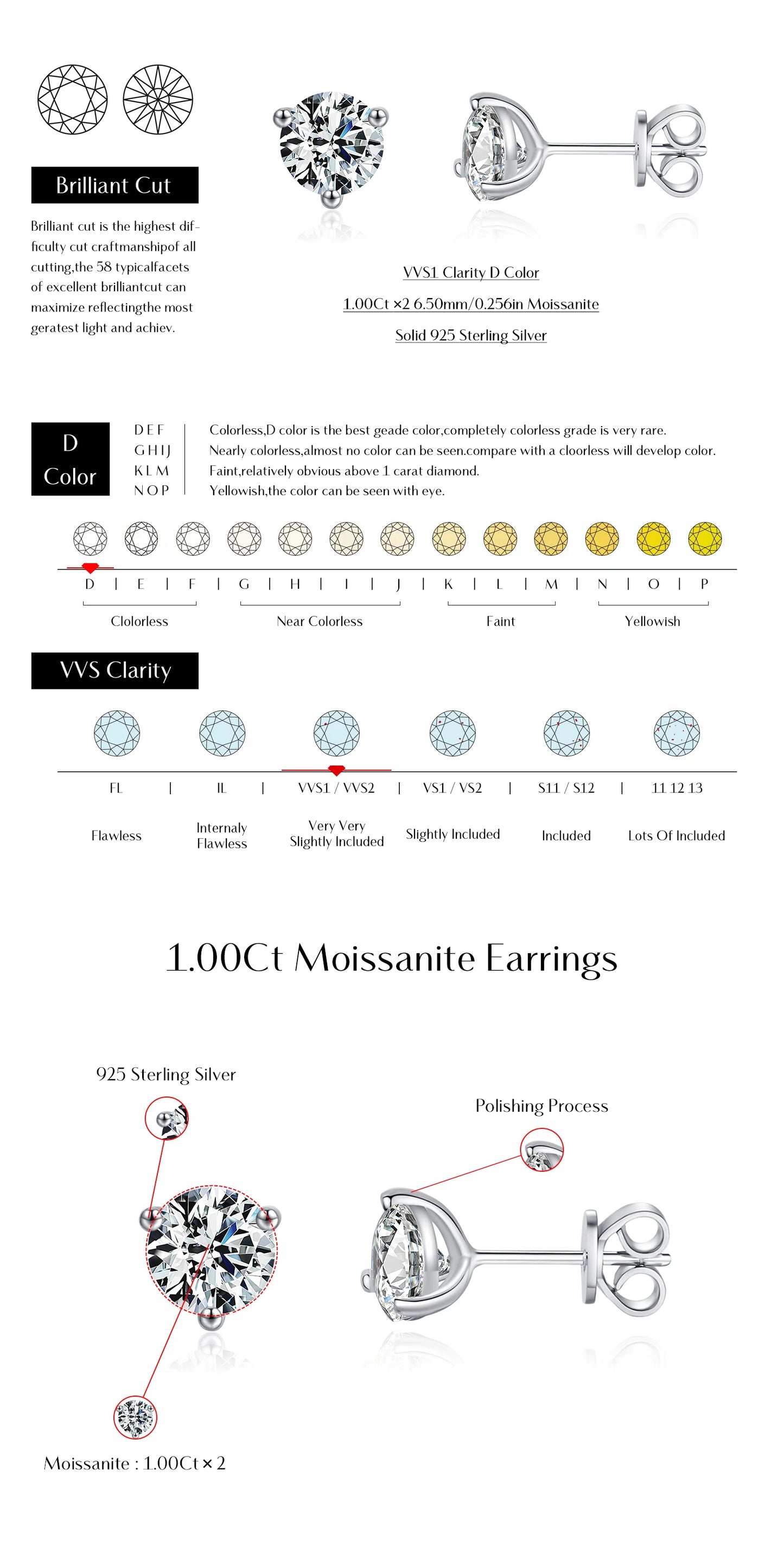 MODIAN D Color 1CT Moissanite Earrings 925 Sterling Silver Sparkling Three Prong Setting Stud Earrings For Women Wedding Jewelry