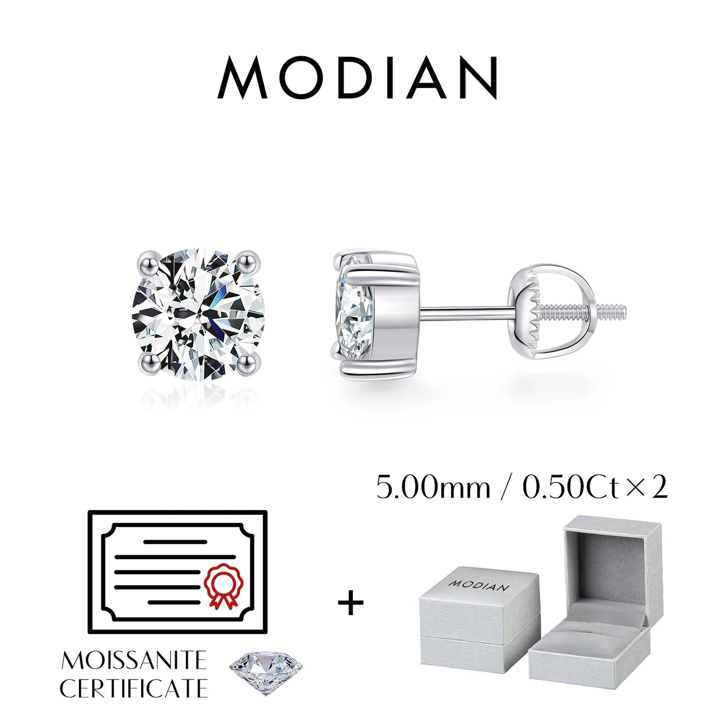MODIAN 1.00Ct 2.00Ct Moissanite D Color Lab Diamond Stud Earrings For Women 925 Sterling Silver Basic Design Wedding Jewelry