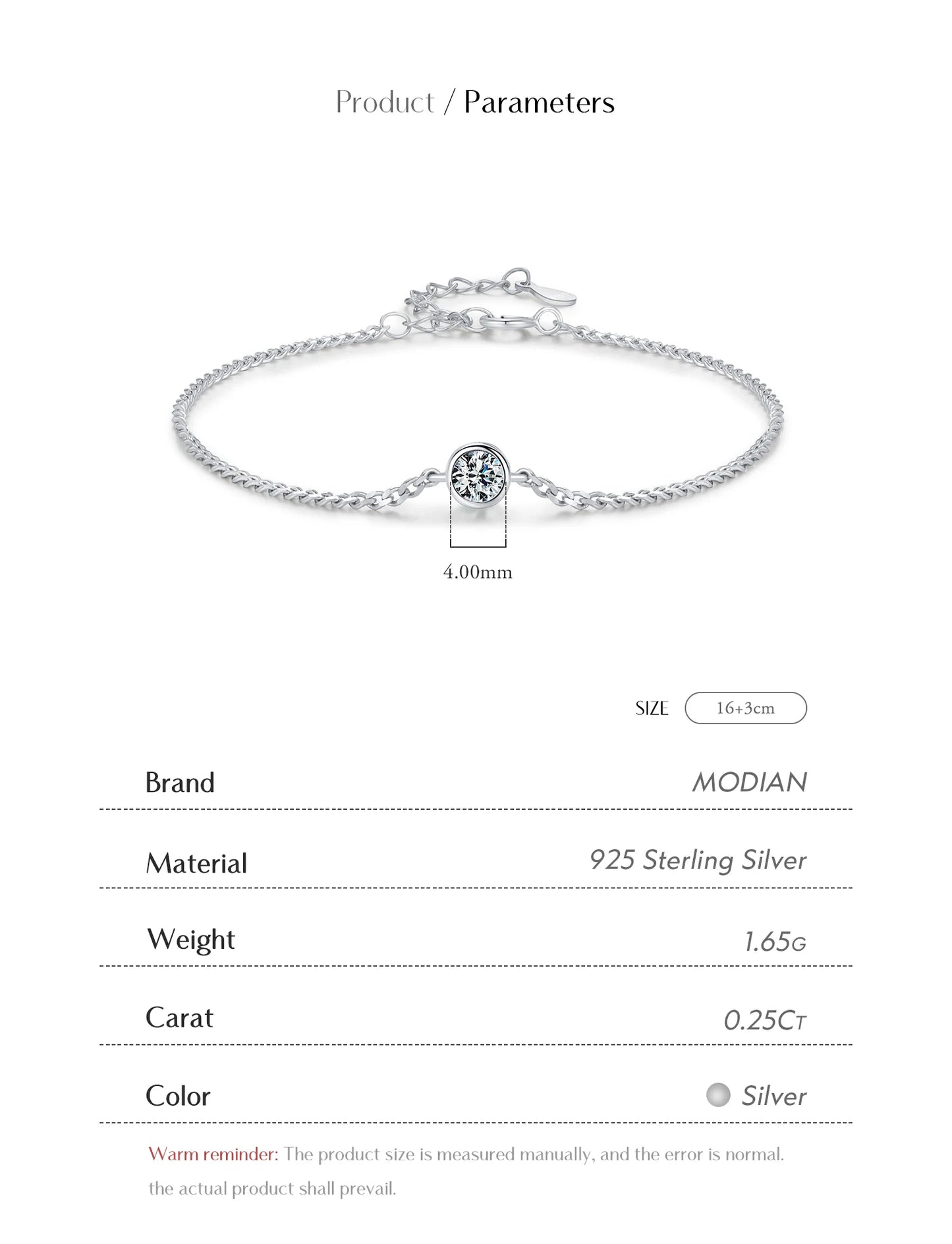 MODIAN 0.25CT Moissanite Bezel Setting Bracelet For Women Diamond 925 Sterling Silver Elegant Chain Bracelet Wedding Jewelry