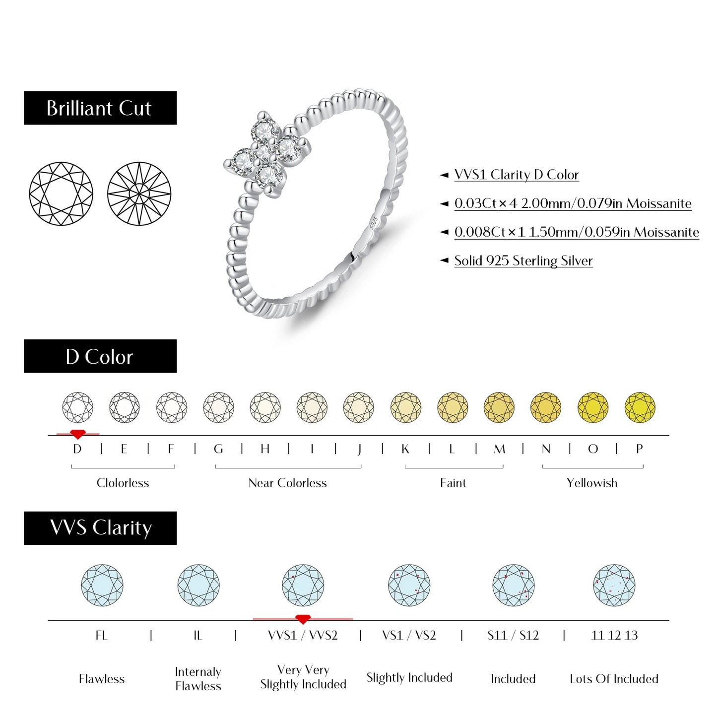 MODIAN Four Leaf Clover D Color Moissanite Ring 925 Sterling Silver Stackable Beads Trendy Finger Ring For Women Fine Jewelry
