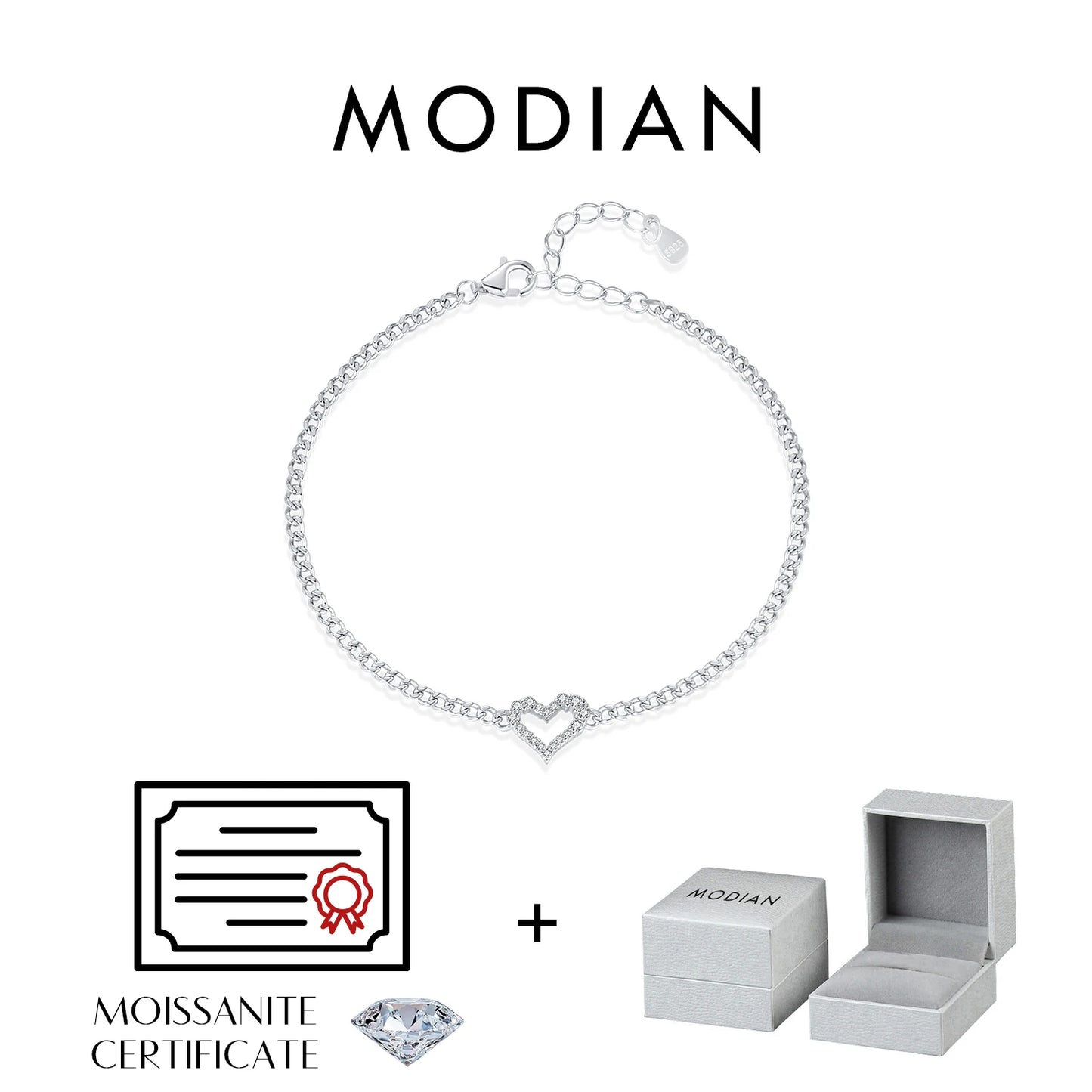 MODIAN D Color Pave Setting Moissanite Bracelets 925 Sterling Silver Romantic Heart Gourmette Bracelet For Women Jewelry Gifts