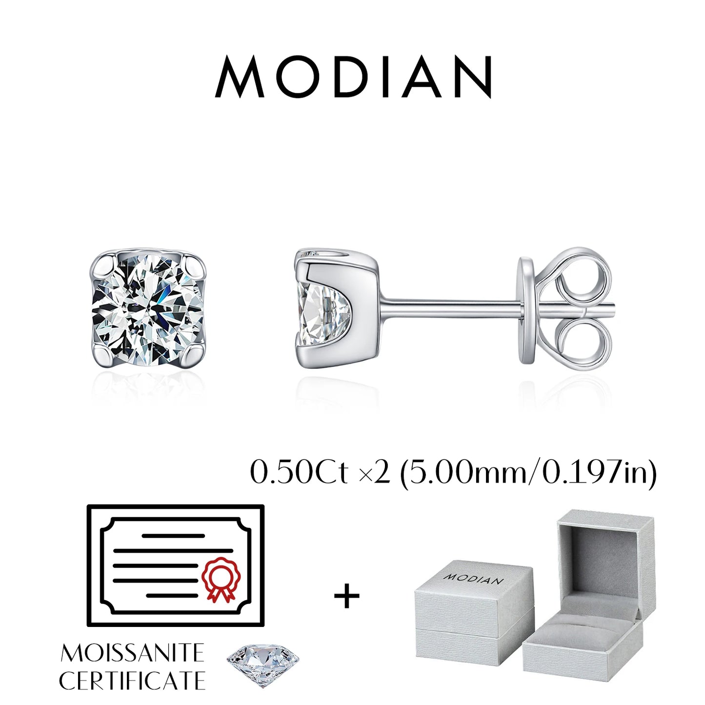 MODIAN 3MM-5MM Size D Color Moissanite 925 Sterling Silver Classic Simple Round Stud Earrings For Women Fine Stackable Jewelry