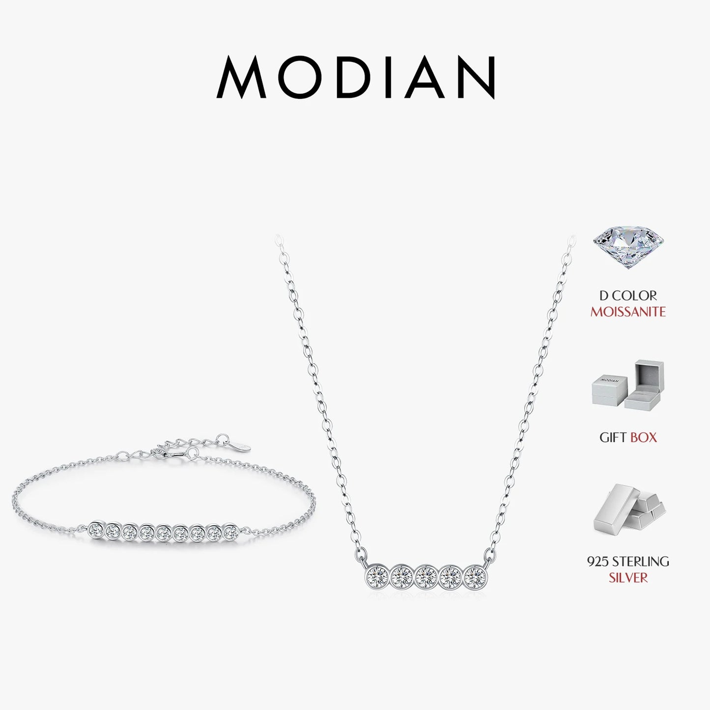 MODIAN D Color Moissanite Link Chain Pendant Necklace 925 Sterling Silver Trendy A Row Round Bracelet For Women Fine Jewelry Set