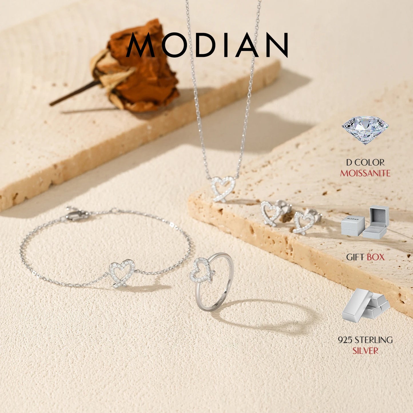 MODIAN Sparkle Moissanite Sets 925 Sterling Silver Sweet Irregular Heart Earrings Ring Bracelet Necklace For Women Jewelry Sets