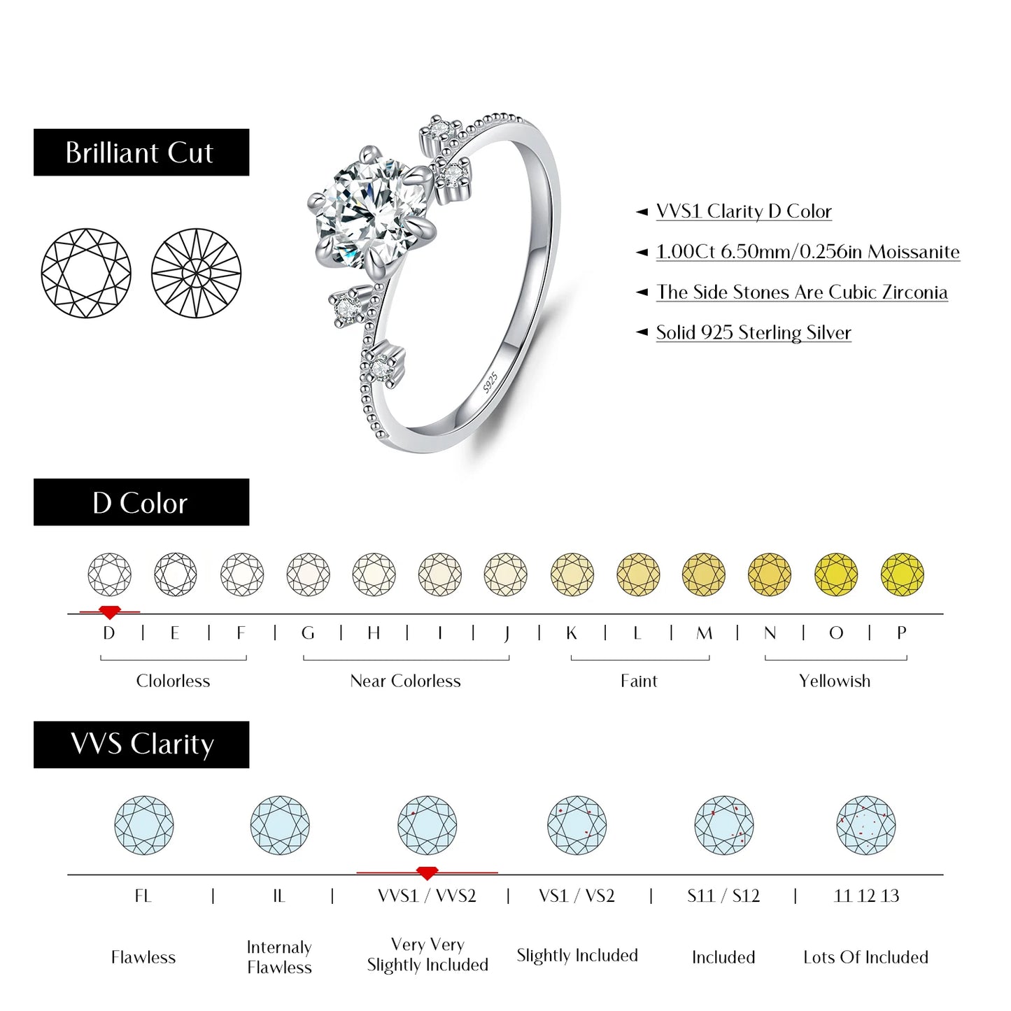 MODIAN 1CT Moissanite Ring 925 Sterling Silver Delicate Flower Six Claws Lab Created Diamond Rings For Women Wedding Jewelry