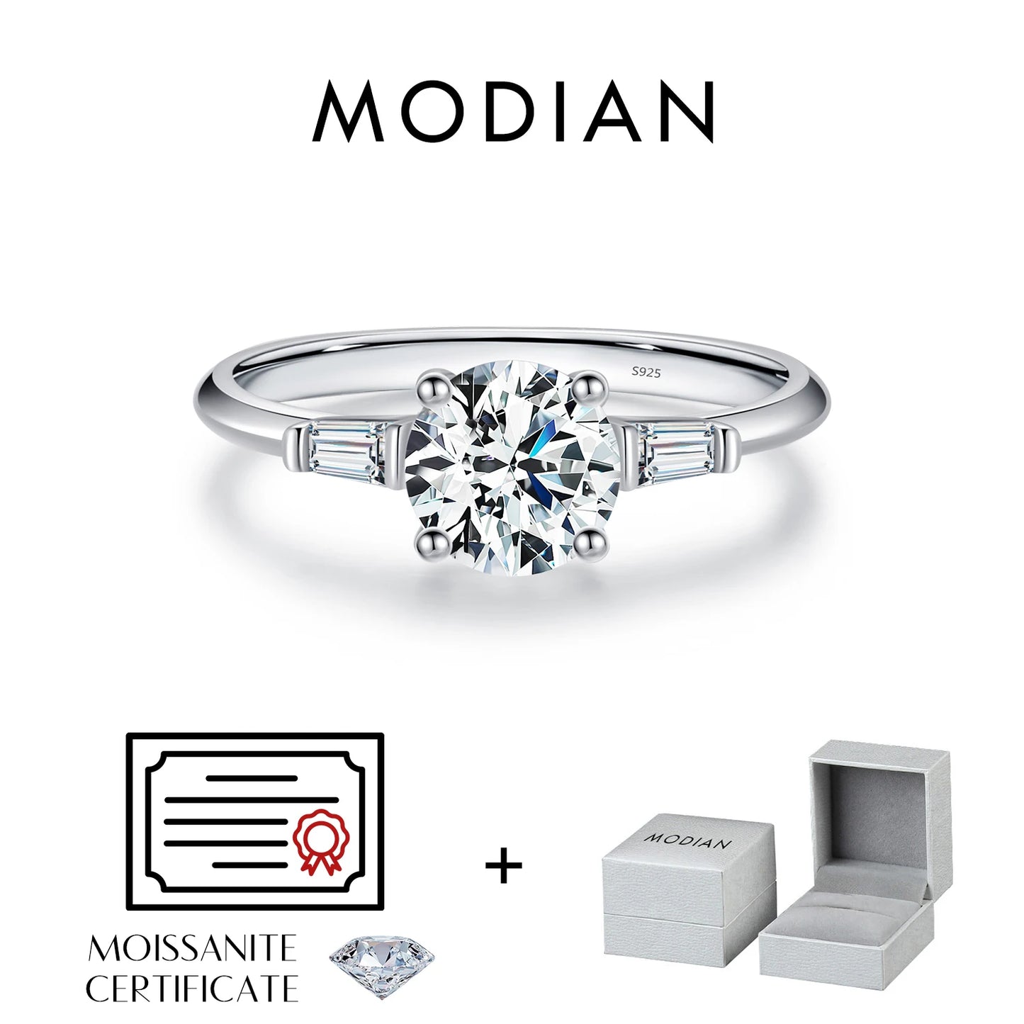 MODIAN 1.0CT Round Moissanite Ring D Color Lab Diamond Classic 925 Sterling Silver Wedding Engagement Band Jewelry For Women