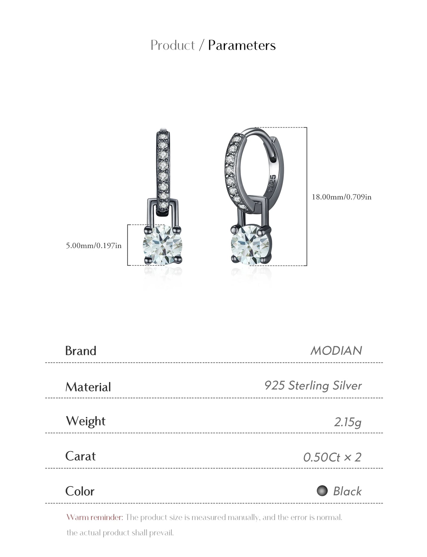 MODIAN 0.5Ct D Color Light Green Moissanite Swing Hoop Earrings 925 Sterling Silver Black Punk Ear Buckles for Women Jewelry