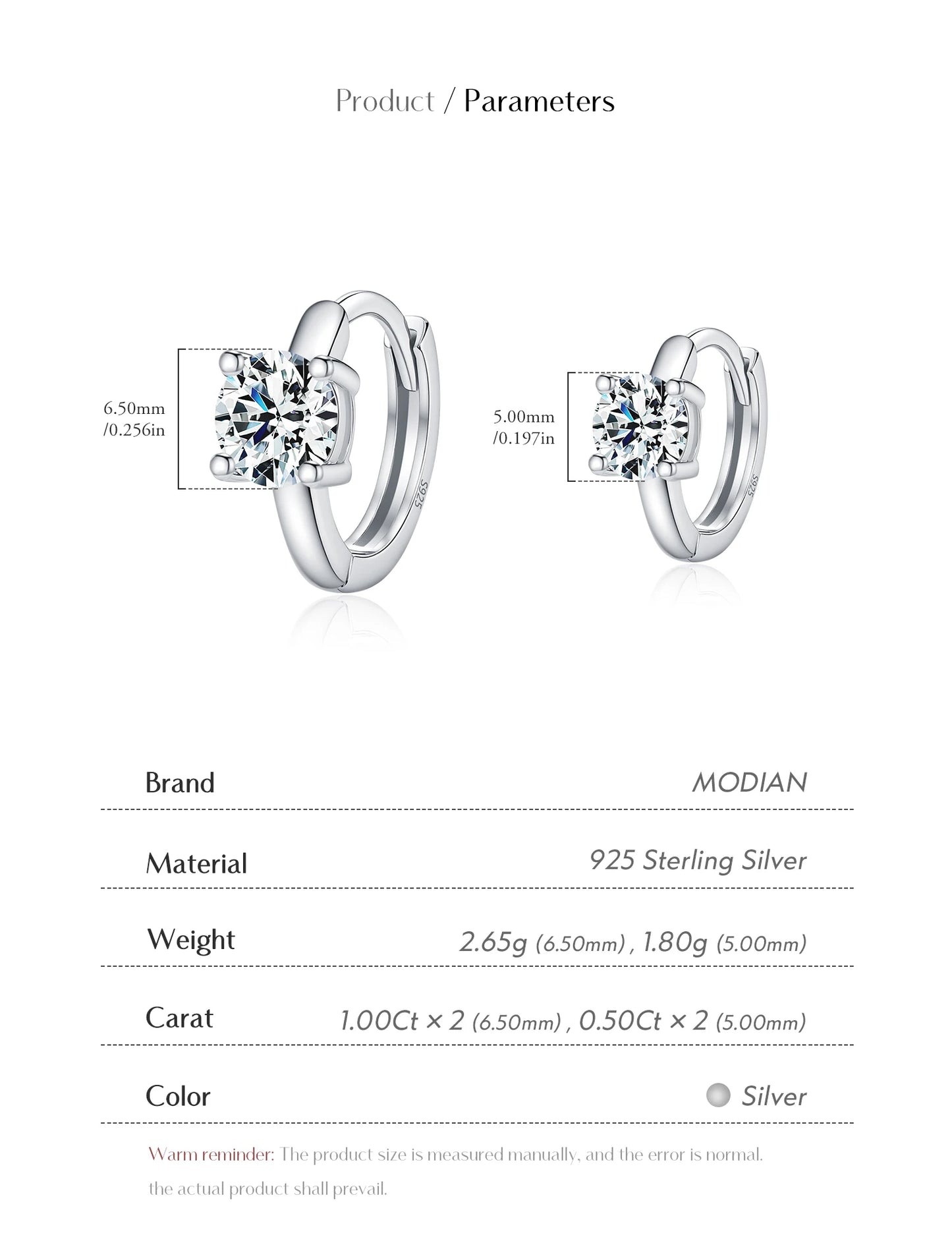 MODIAN 1CT/2CT D Color Moissanite Ear Buckle 925 Sterling Silver Classic Round Hoop Earrings For Women Fine Wedding Jewelry
