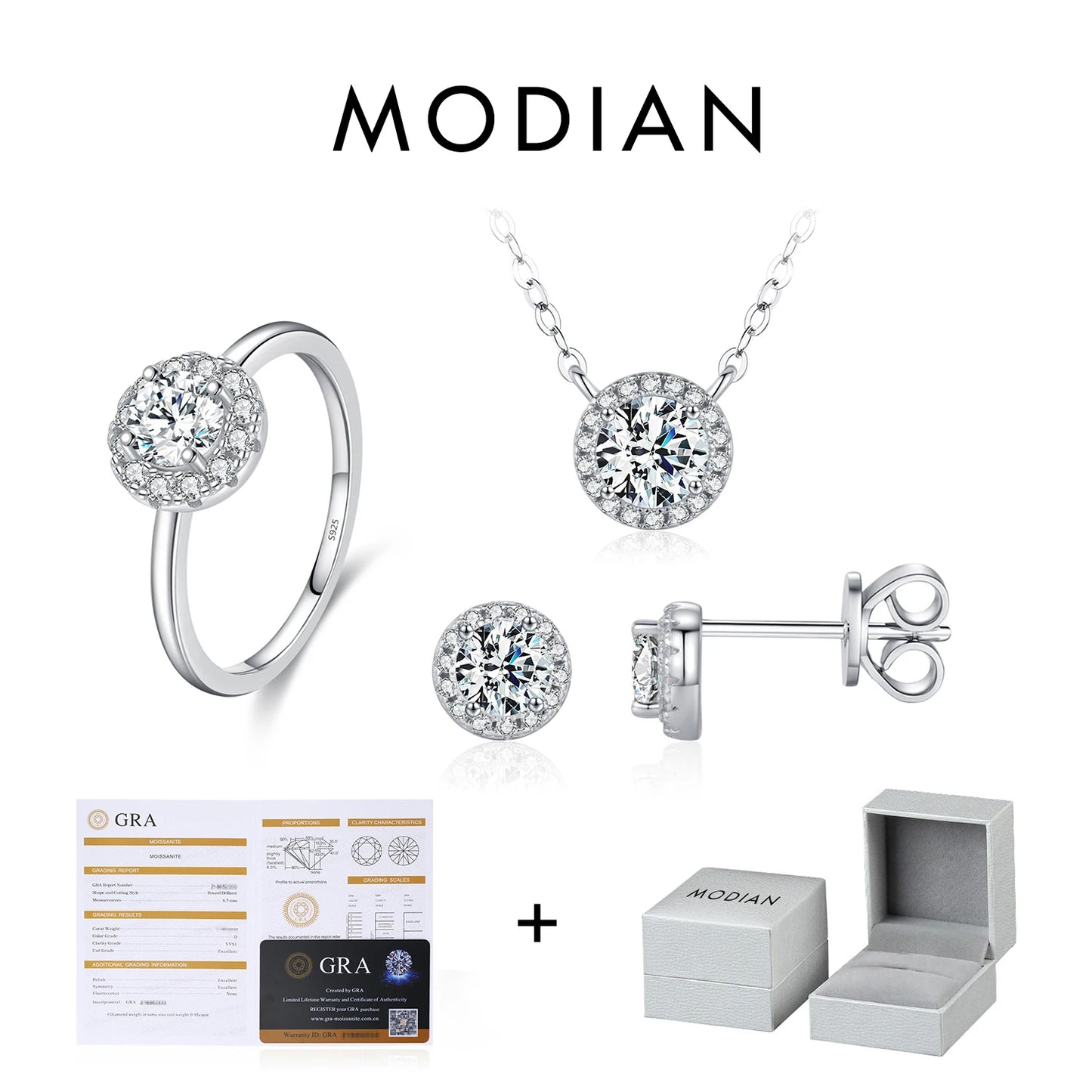 MODIAN Moissanite 925 Sterling Silver Fashion Luxury Round Necklace Stud Earrings Ring For Women Wedding Fine Jewelry Se