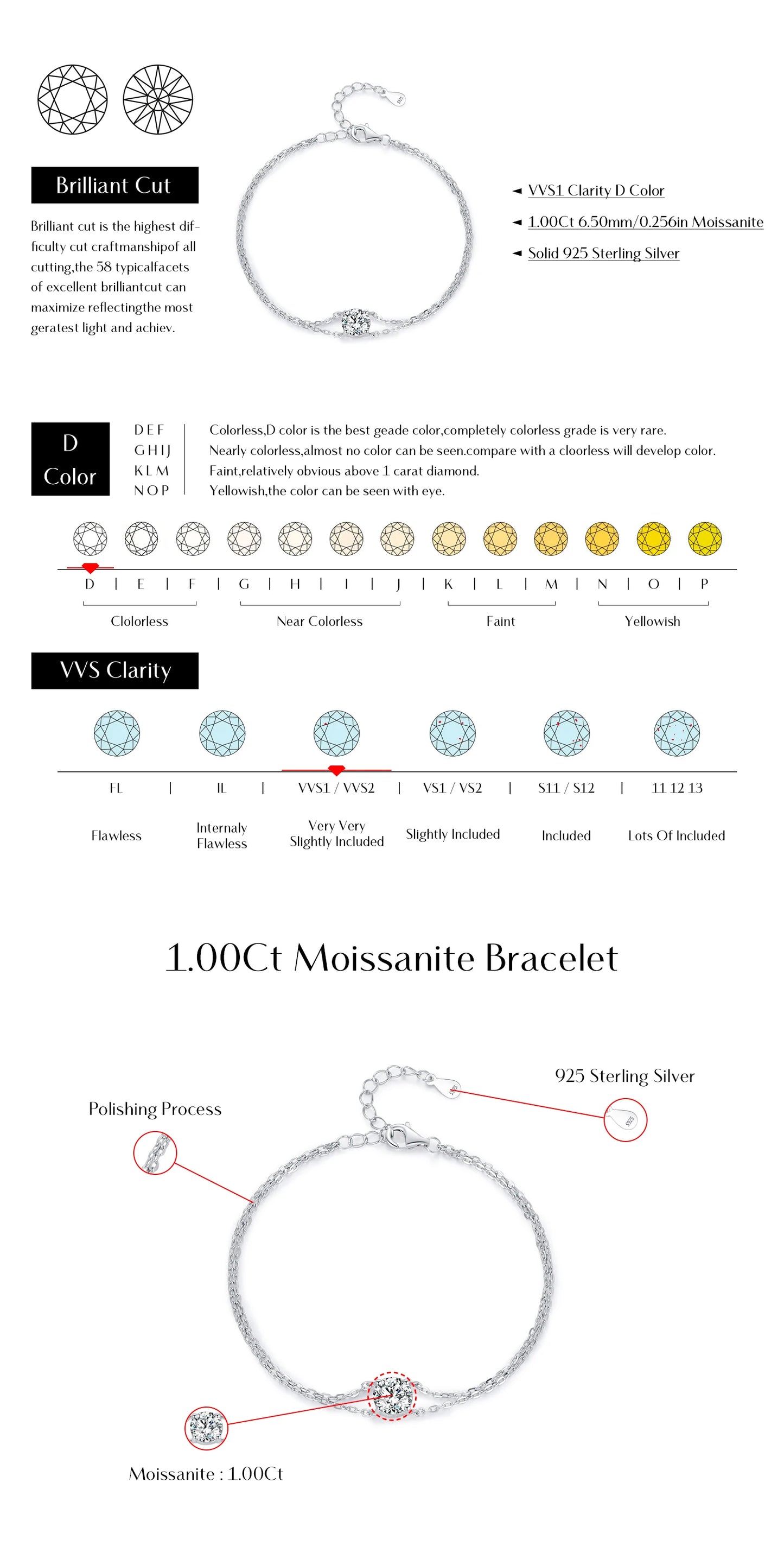 MODIAN 1CT D Color Moissanite Bracelet 925 Sterling Silver Delicate Double Layer Bracelets For Bridal Wedding Fine Jewelry Gifts