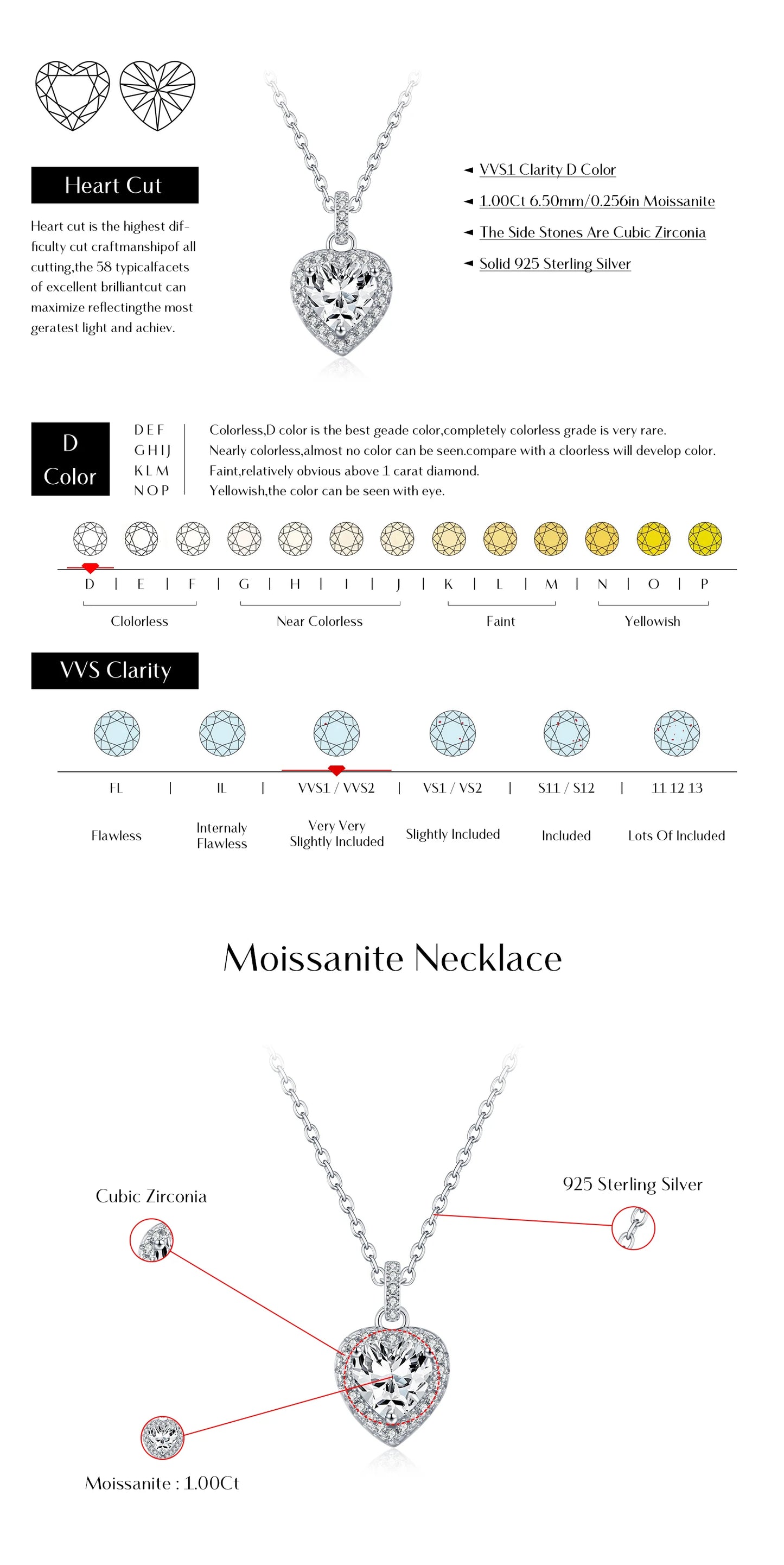 MODIAN 1CT Dazzling Moissanite Halo Necklace 925 Sterling Silver Heart Wedding Gfits Pendant Necklace For Women Fine Jewelry