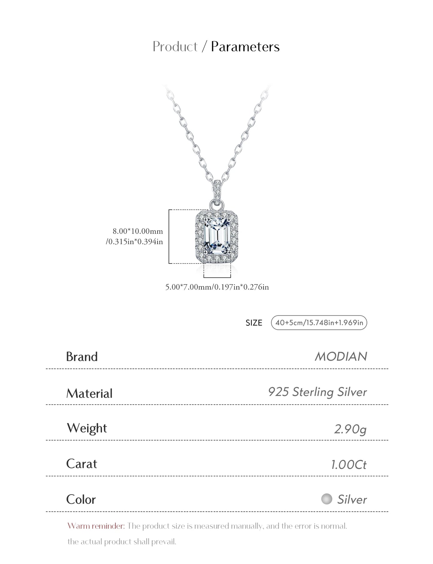 MODIAN 1CT D Color Emerald Cut Moissanite Halo Necklace 925 Sterling Silver Rectangle Wedding Pendant Necklace For Women Jewelry