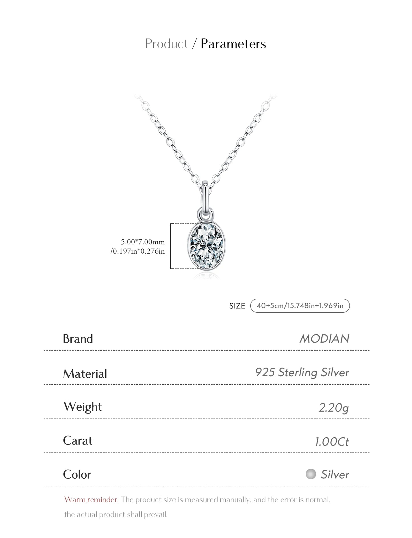 MODIAN 1CT Oval Bezel D Color Moissanite Necklaces 925 Sterling Silver Luxury Wedding Pendant Necklace For Women Fine Jewelry