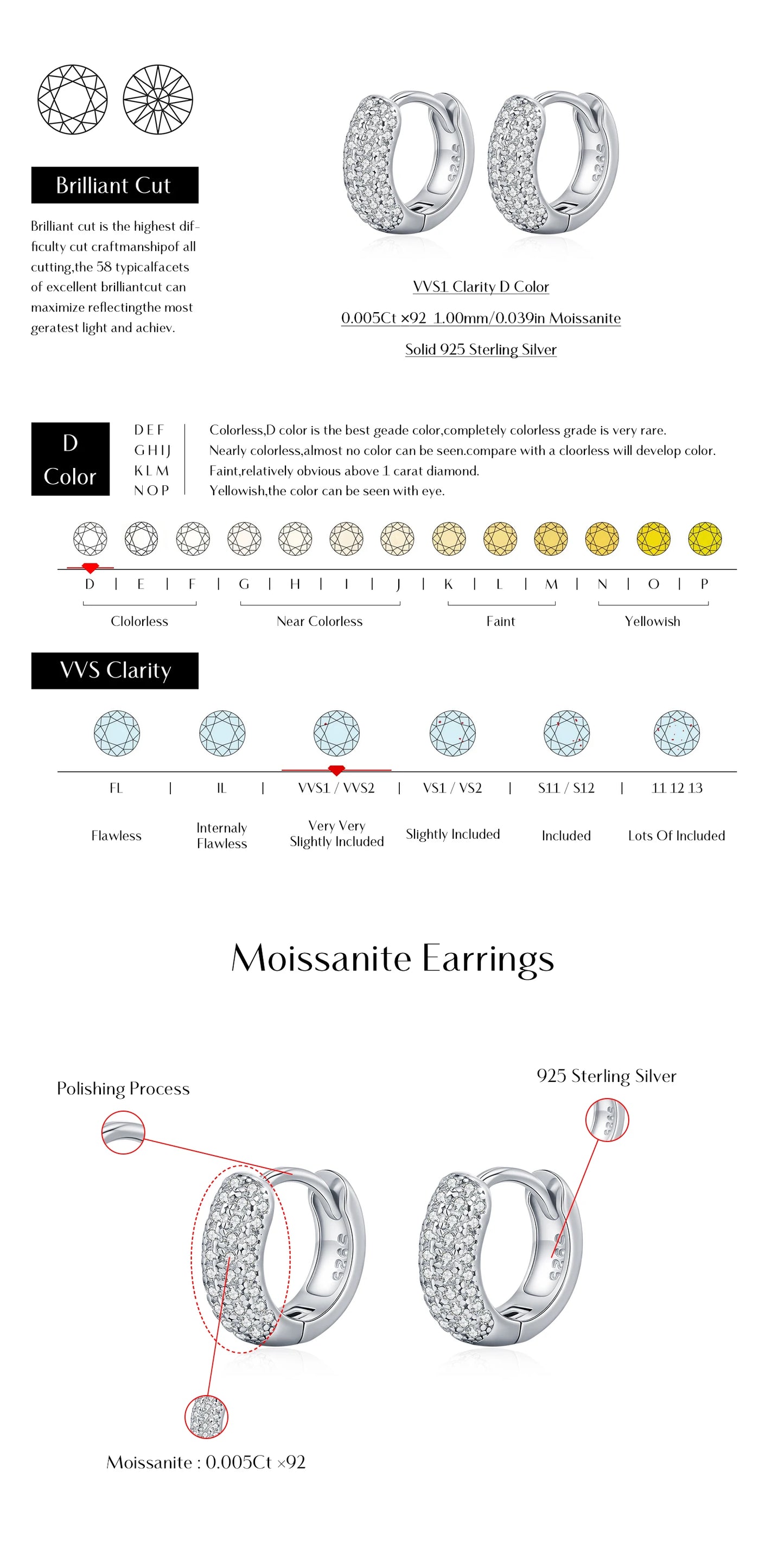 MODIAN D Color Sparkling Moissanite Ear Buckle 925 Sterling Silver Luxury Circle Hoop Earrings For Women Wedding Fine Jewelry