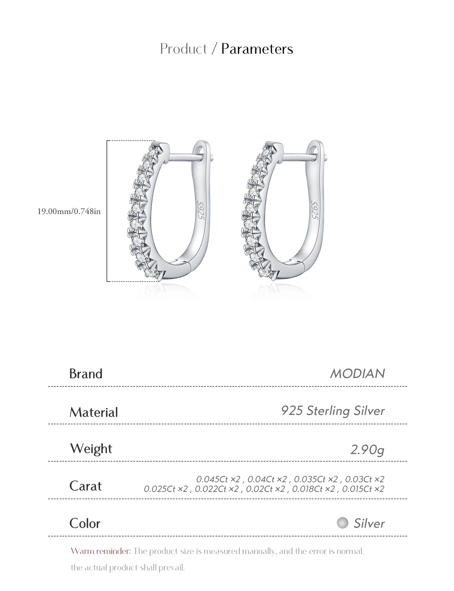 MODIAN D Color Moissanite U Shape Hoop Earrings 925 Sterling Silver Exquisite Elegant Ear Buckle For Women Daily Fine Jewelry