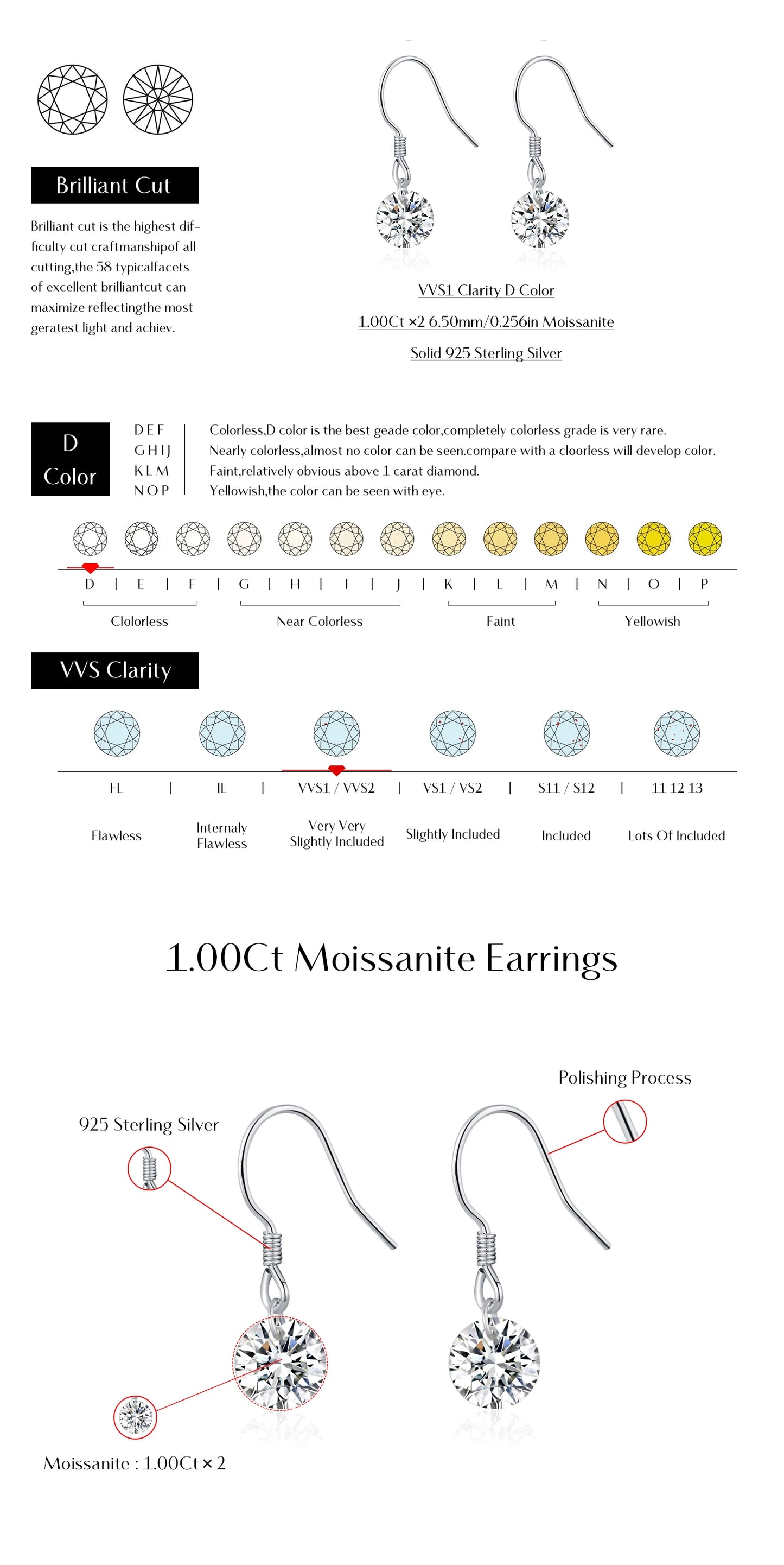 MODIAN 1CT D Color Sparkling Moissanite Hook Earrings 925 Sterling Silver Round Sway Dangle Earrings For Women Fine Jewelry
