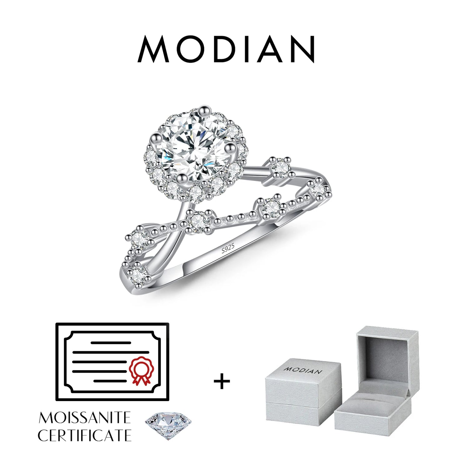 MODIAN Moissanite Ring Delicate Lab Diamond Halo Ring 925 Sterling Silver Crown Luxury Rings for Women Wedding Fine Jewelry