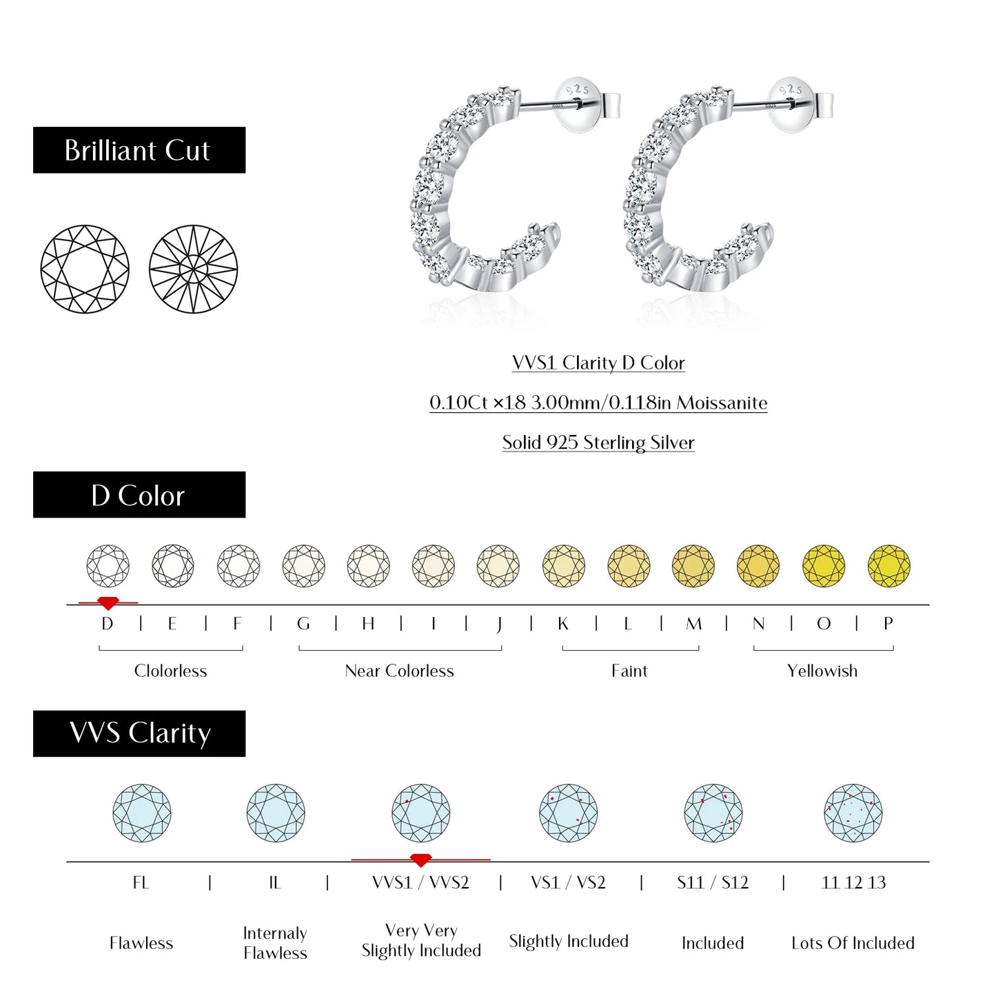 MODIAN D Color C Shape Moissanite Earrings 925 Sterling Silver Charming Dazzling Hoop Earrings For Women Wedding Fine Jewelry