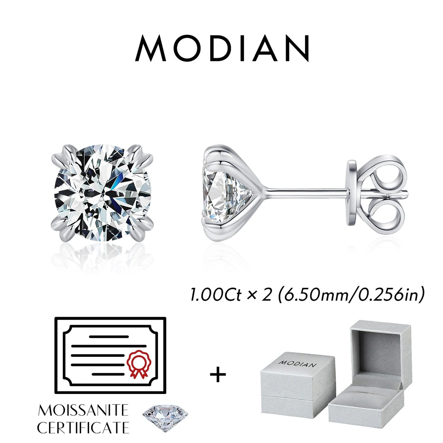 MODIAN D Color 1CT Moissanite Stud Earrings 925 Sterling Silver Brilliant Round Cut Lab Created Diamond Jewelry For Women