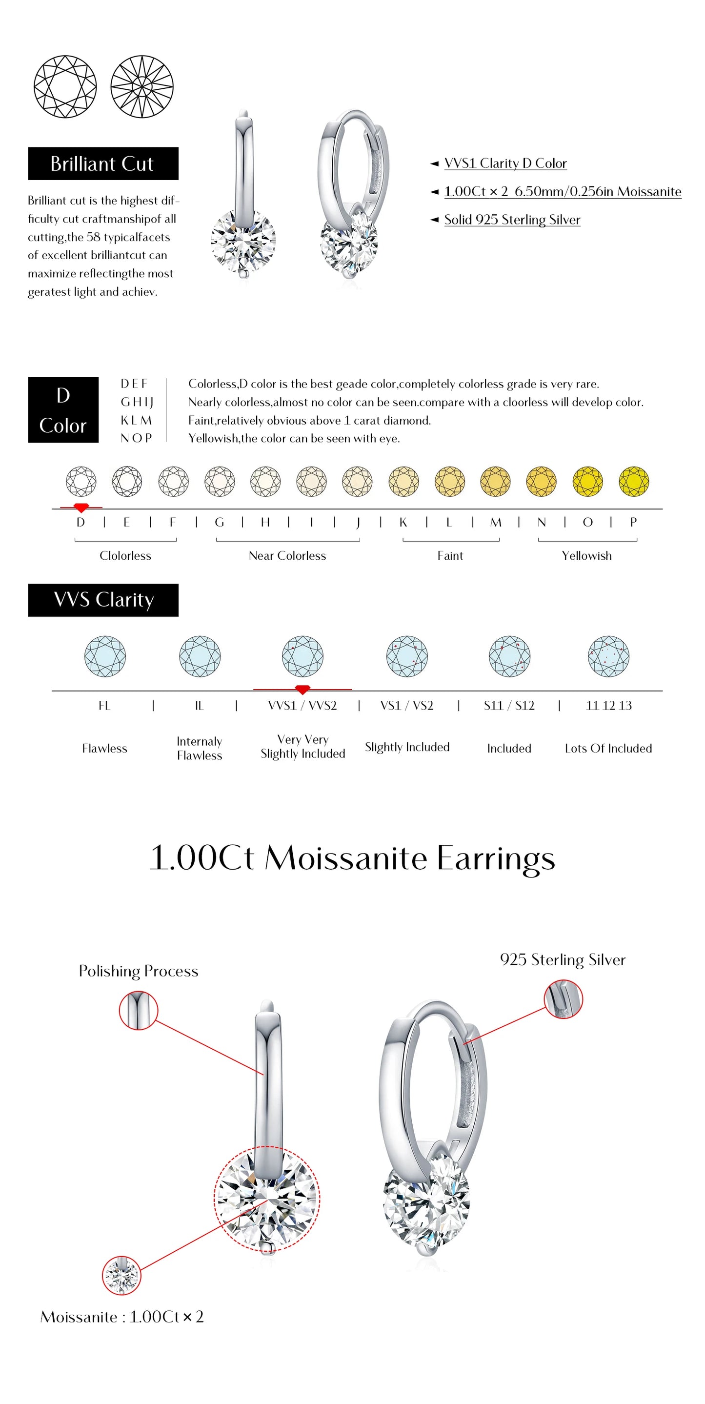 MODIAN 1.0CT D Color Moissanite Hoop Earrings 925 Sterling Silver Luxury Buckle Earrings For Women Wedding Fine Jewelry Gifts