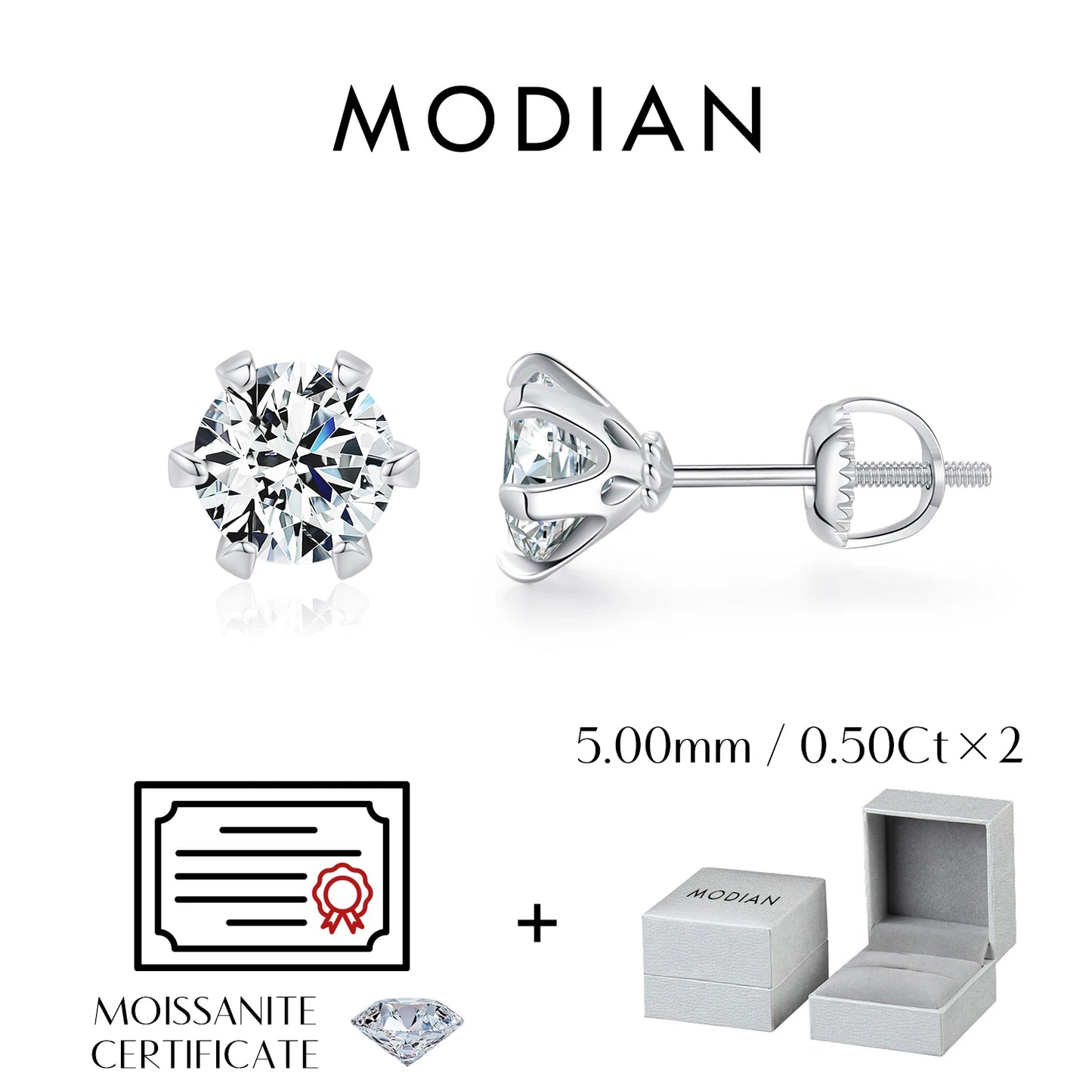MODIAN 1 Carat D Color Moissanite Stud Earrings 925 Sterling Silver Sparkling Wedding Platinum Plated Fine Jewelry For Women