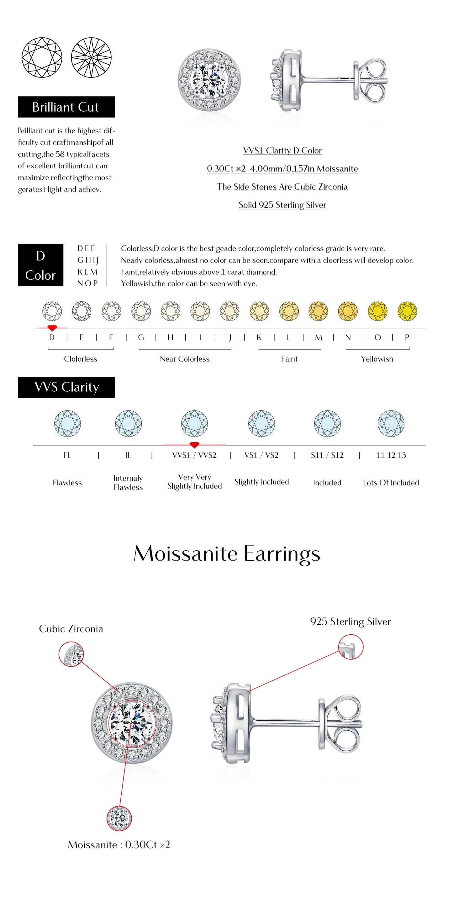 MODIAN Sparkling D Color Moissanite Halo Earrings 925 Sterling Silver Classic Stud Earrings For Women Wedding Fine Jewelry Gift