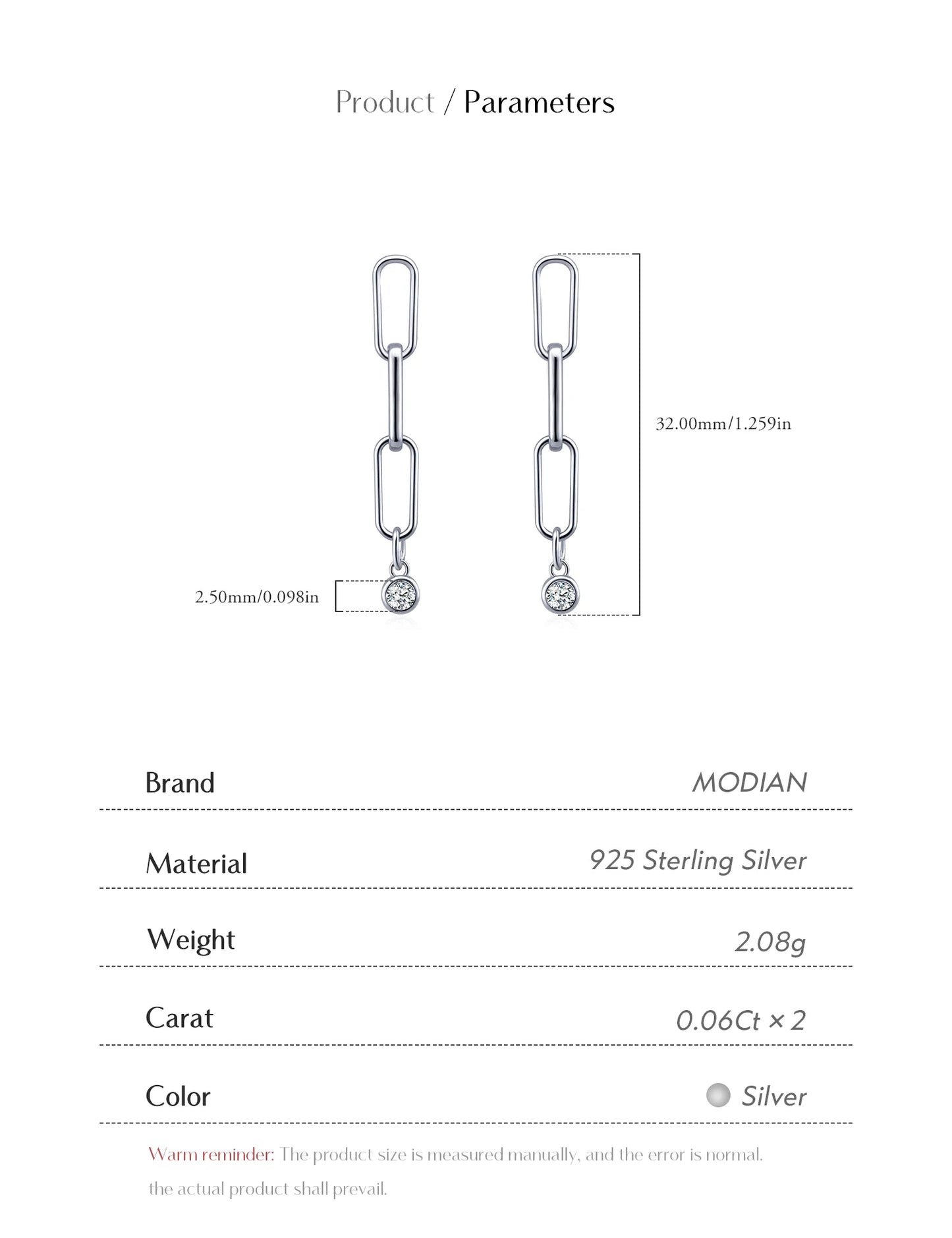 MODIAN VVS1 Clarity D Color Moissanite Earrings 925 Sterling Silver Fashion Link Chain Stud Earrings For Women Fine Jewelry