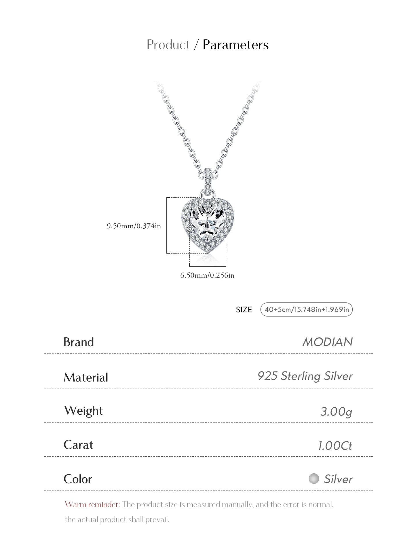 MODIAN 1CT Dazzling Moissanite Halo Necklace 925 Sterling Silver Heart Wedding Gfits Pendant Necklace For Women Fine Jewelry