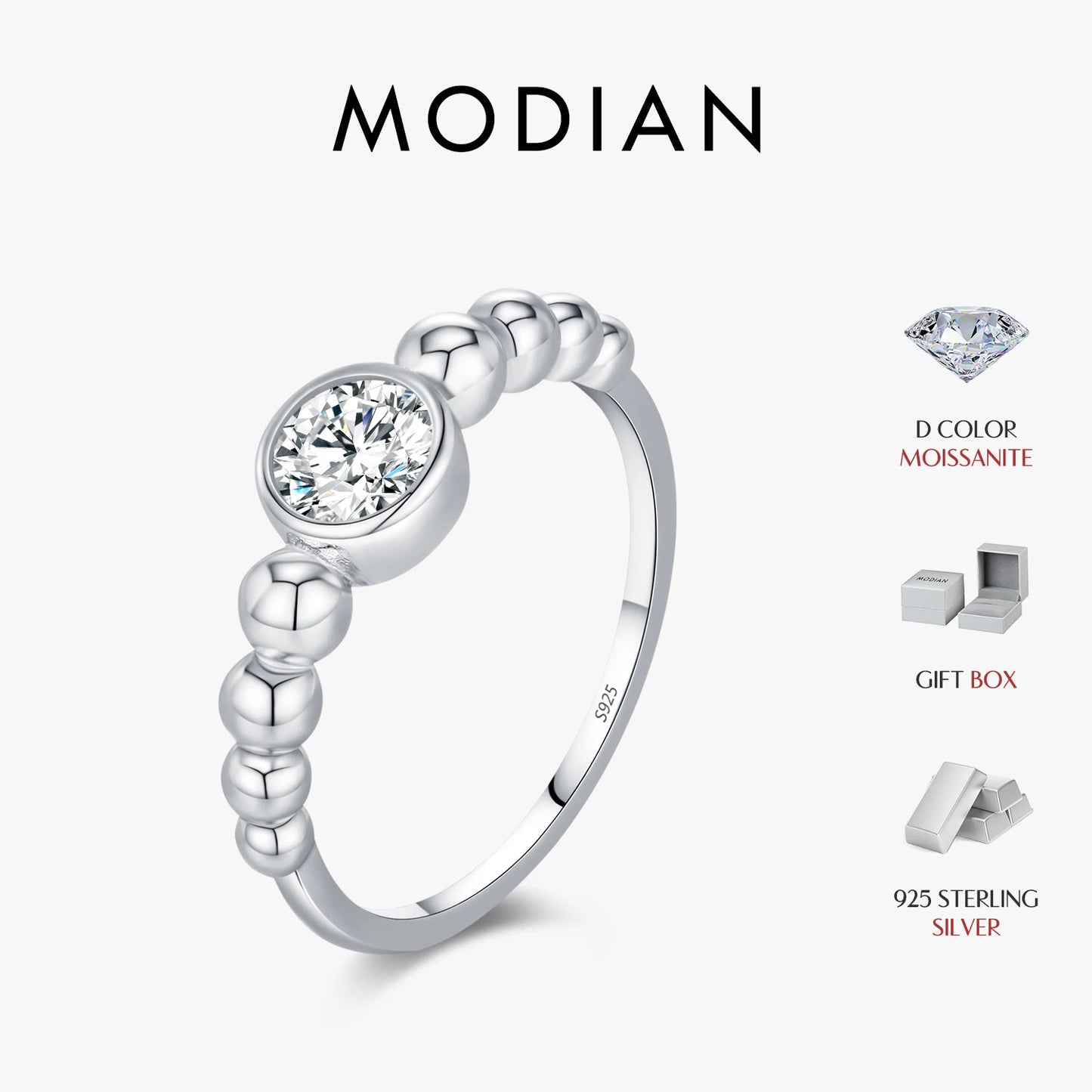 MODIAN 0.5Ct VVS1 Moissanite Rings 925 Sterling Silver Fashion Stackable Finger Ring For Women Wedding Anniversary Jewelry