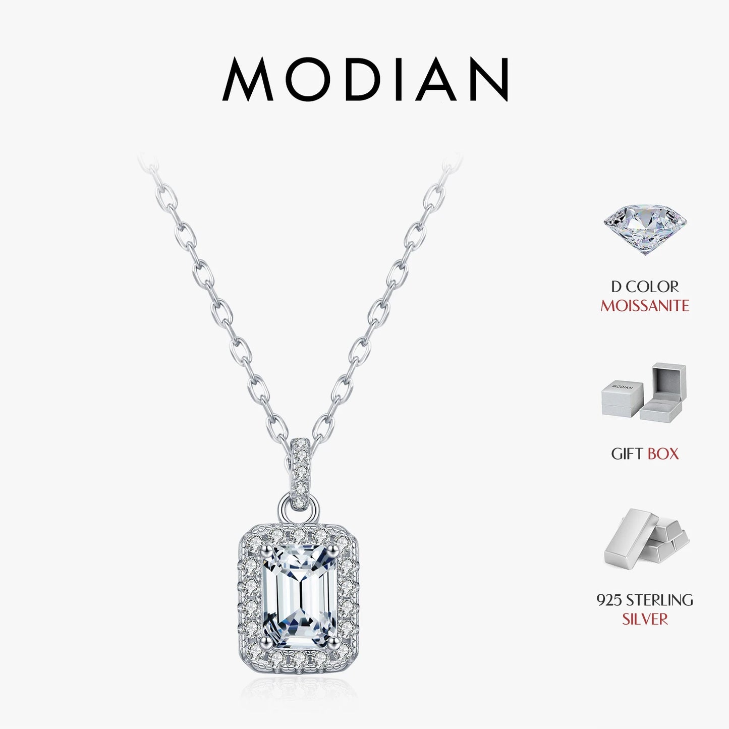 MODIAN 1CT D Color Emerald Cut Moissanite Halo Necklace 925 Sterling Silver Rectangle Wedding Pendant Necklace For Women Jewelry