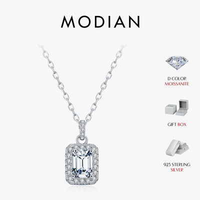 MODIAN 1CT D Color Emerald Cut Moissanite Halo Necklace 925 Sterling Silver Rectangle Wedding Pendant Necklace For Women Jewelry