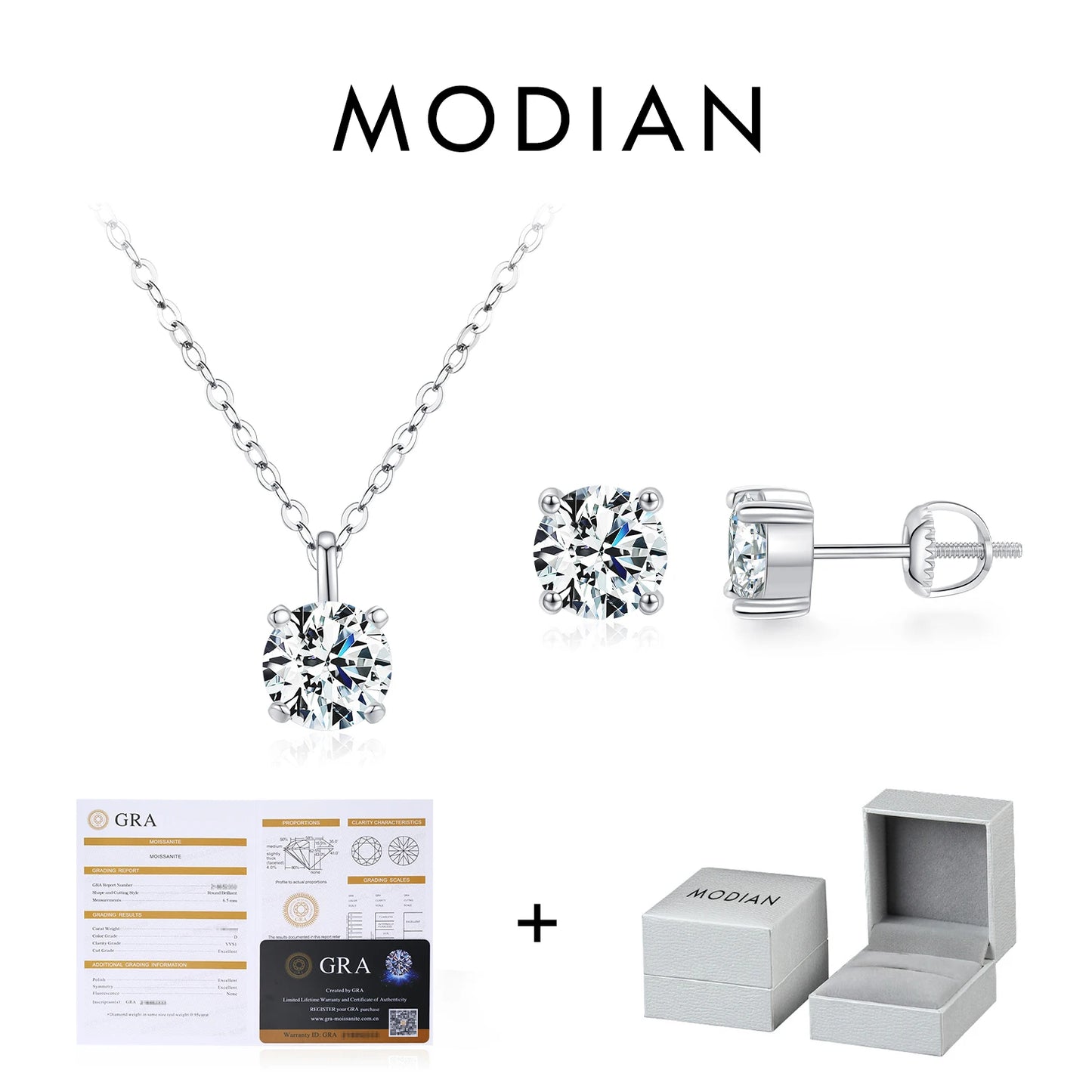 MODIAN Dazzling D Color Moissanite 925 Sterling Silver Round Pendant Necklace Stud Earrings For Women Wedding Fine Jewelry Set