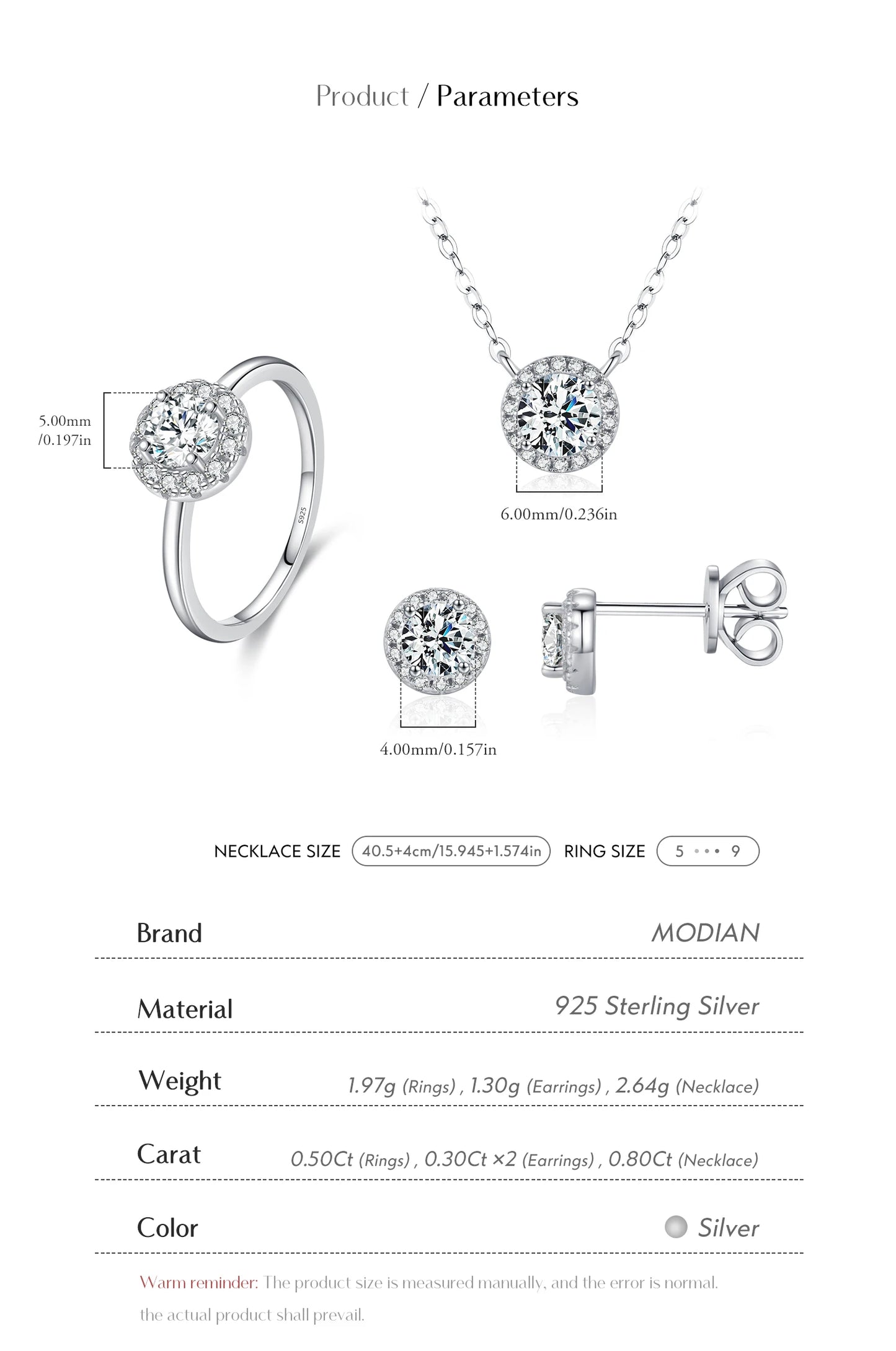 MODIAN Moissanite 925 Sterling Silver Fashion Luxury Round Necklace Stud Earrings Ring For Women Wedding Fine Jewelry Se