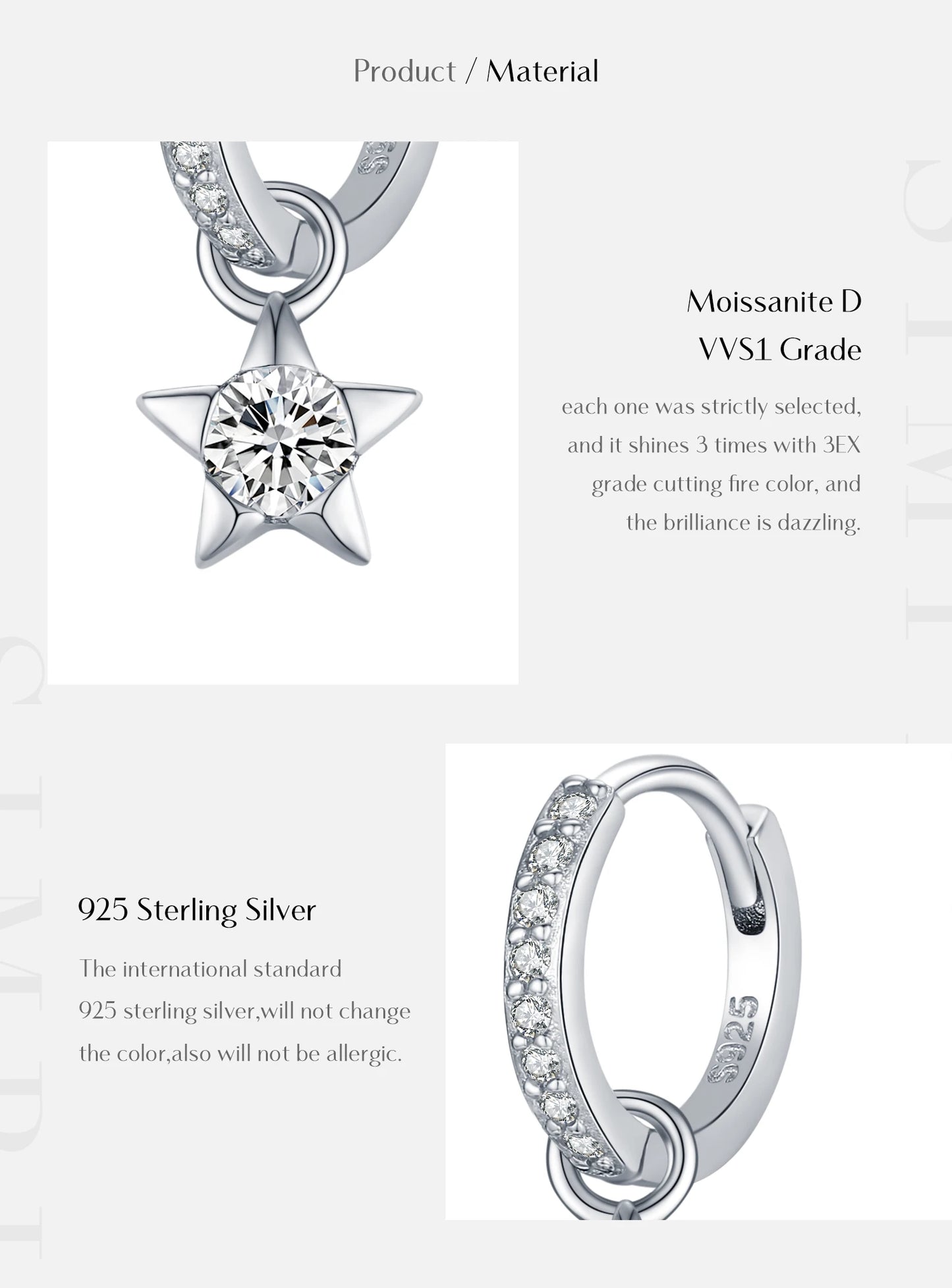 MODIAN D Color Round Moissanite Ear Buckles 925 Sterling Silver Fashion Stars Hoop Earrings For Women Wedding Jewelry Gifts