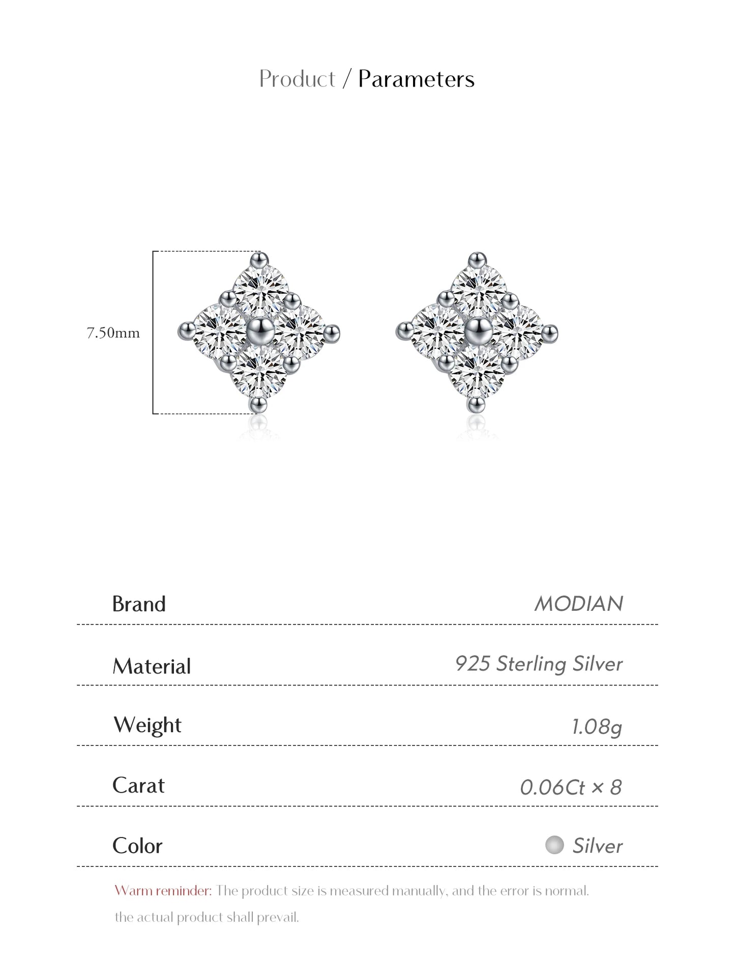 MODIAN Simple D Color Moissanite 925 Sterling Silver Dazzling Lab Created Diamond Ideal Cut Stud Earrings For Women Jewelry