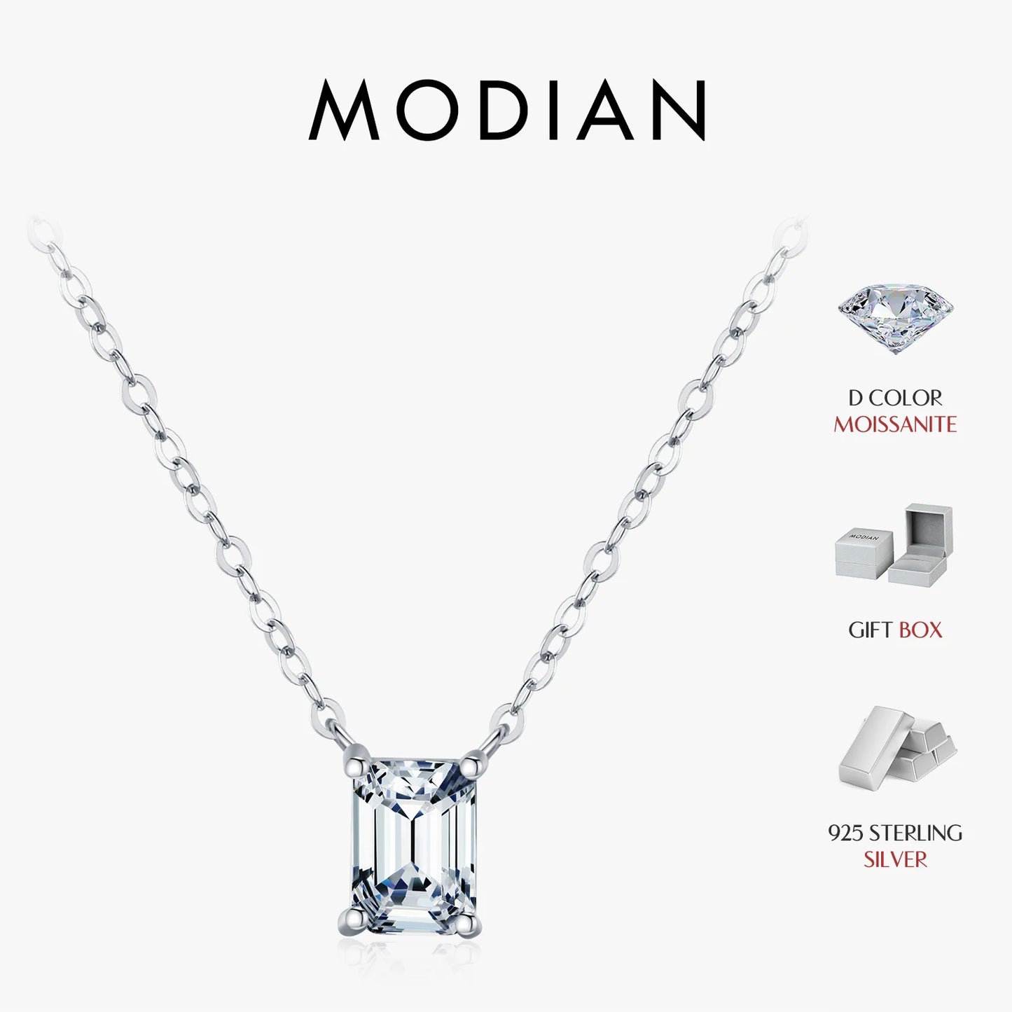 MODIAN D Color Rectangle Emerald Cut Moissanite Necklaces 925 Sterling Silver Classic Luxury Pendant Necklace For Women Jewelry