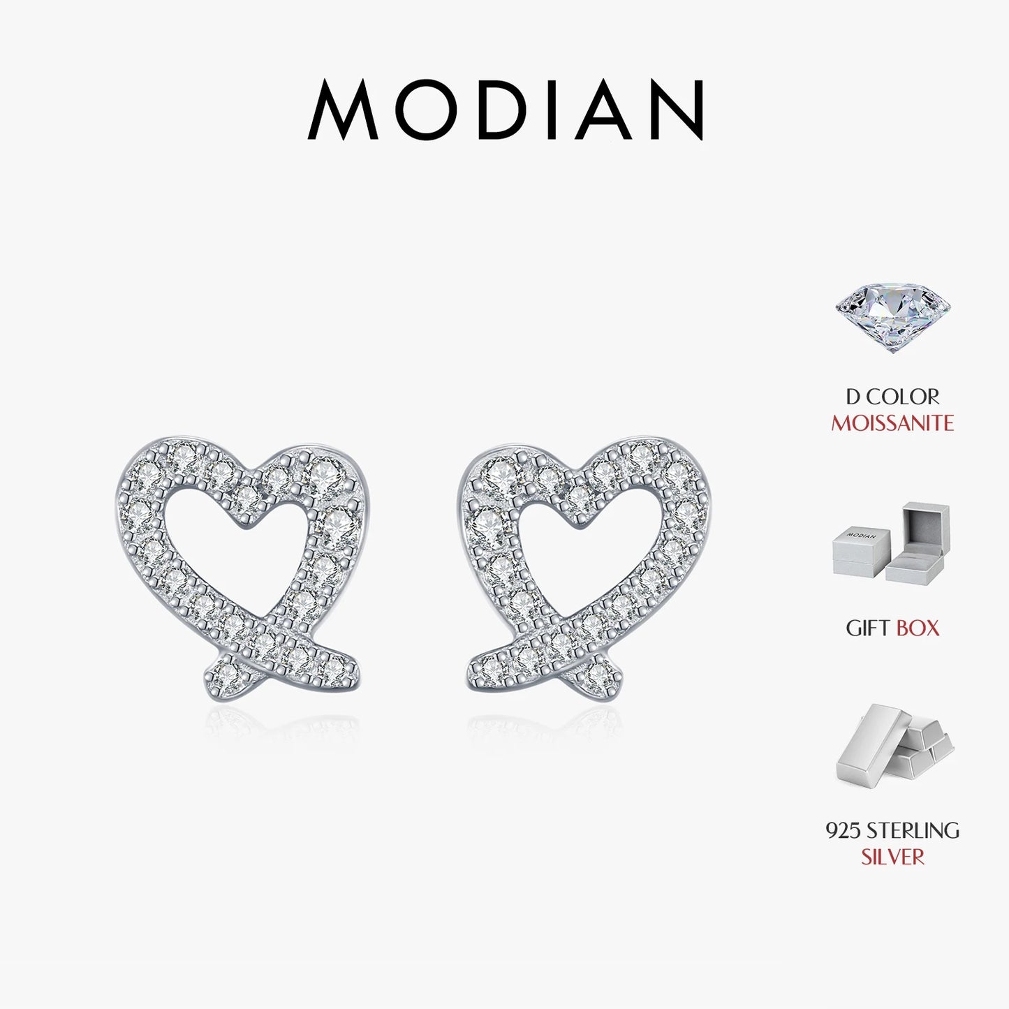 MODIAN D Color Sparkling Moissanite Earrings 925 Sterling Silver Asymmetrical Heart Stud Earrings For Women Fine Jewelry