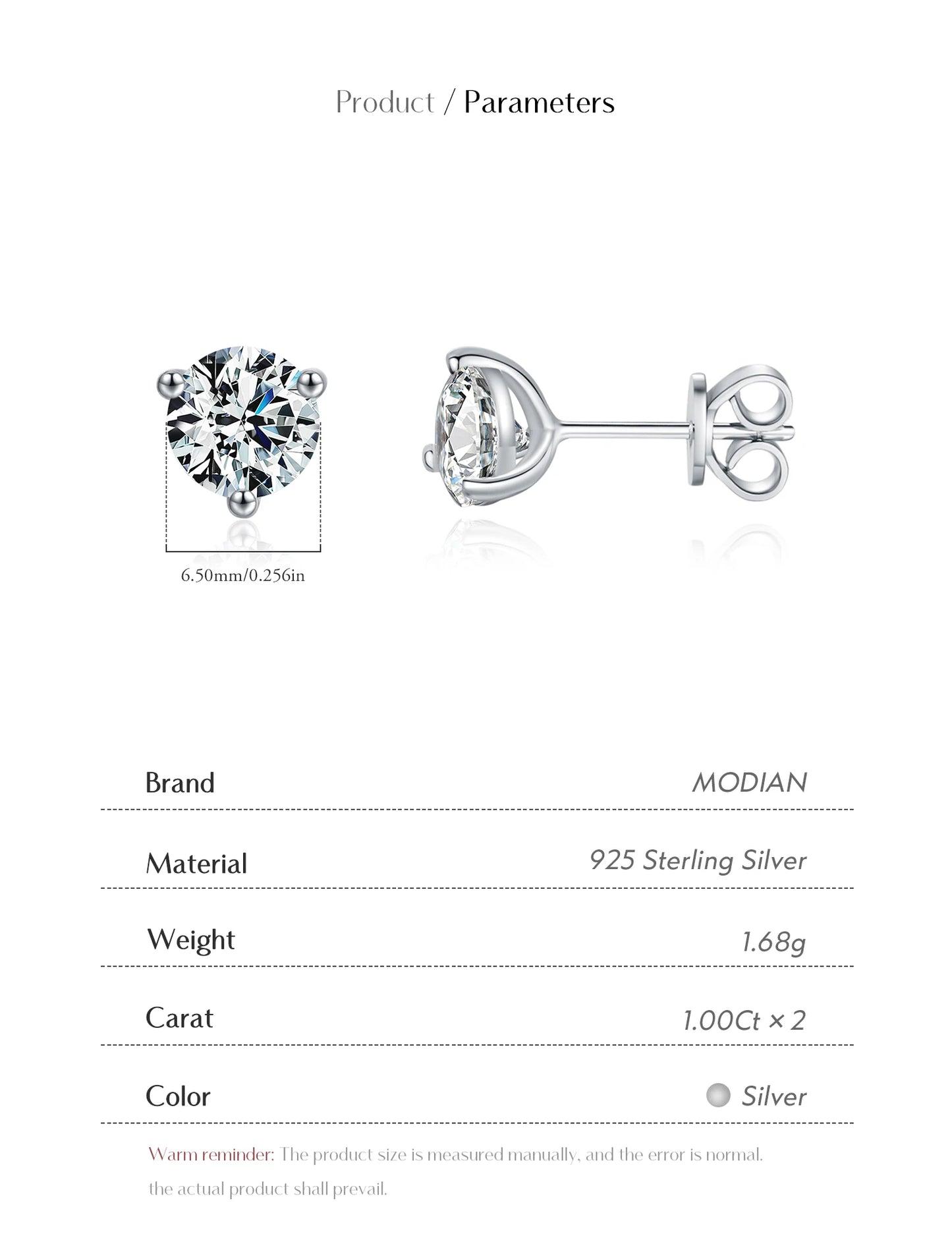 MODIAN D Color 1CT Moissanite Earrings 925 Sterling Silver Sparkling Three Prong Setting Stud Earrings For Women Wedding Jewelry