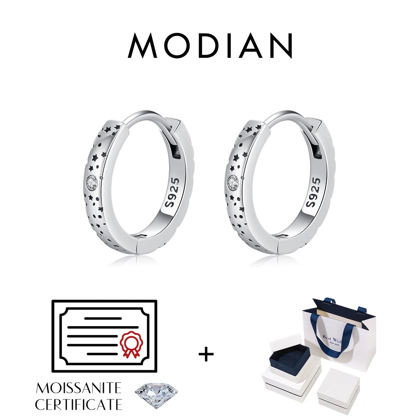 MODIAN D Color Moissanite Ear Buckles 925 Sterling Silver Sparkle Retro Hollow Stars Hoop Earrings For Women Fine Jewelry