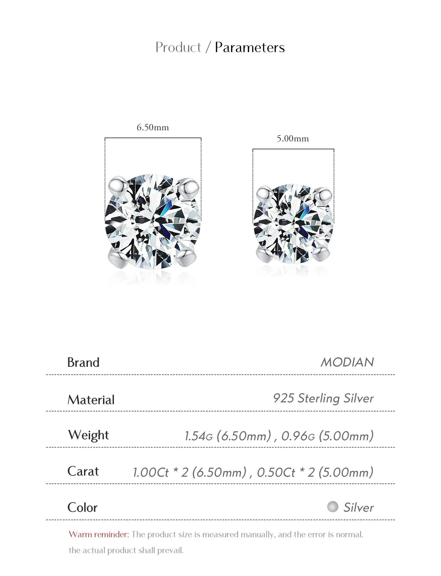 MODIAN D Color 1CT Moissanite Stud Earrings For Women 925 Sterling Silver 0.5CT Dazzling Lab Diamond Wedding Jewelry Gifts